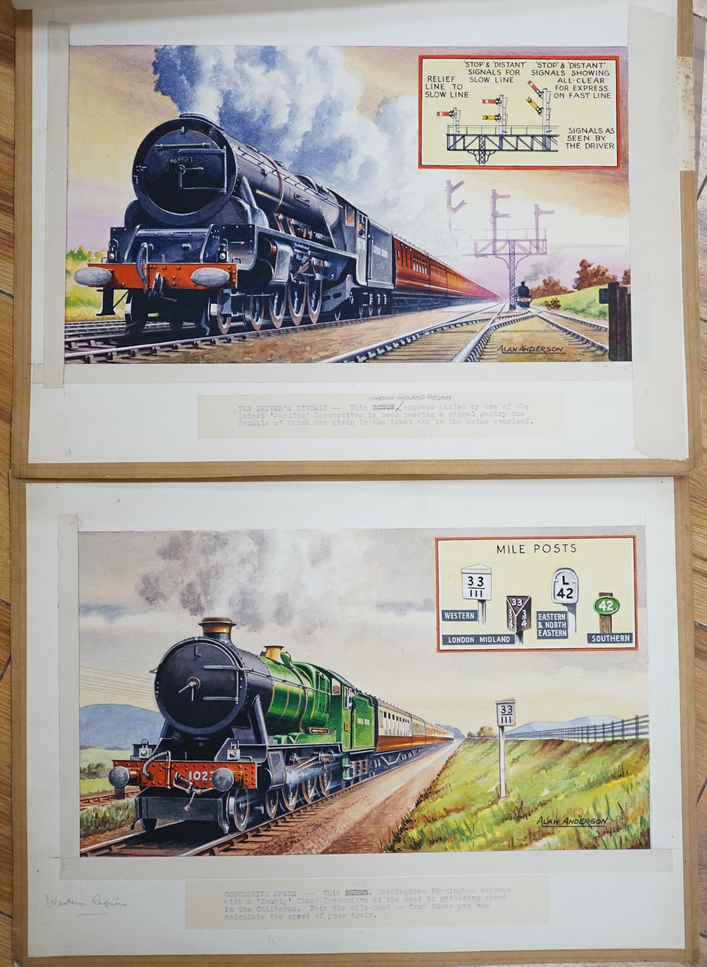 Alan Anderson, two original watercolours for postcard designs, steam locomotives, ‘London, Midland Region Express’ & ‘County Class Express’ signed, unframed, 28 x 38cm. Condition - fair to good                           
