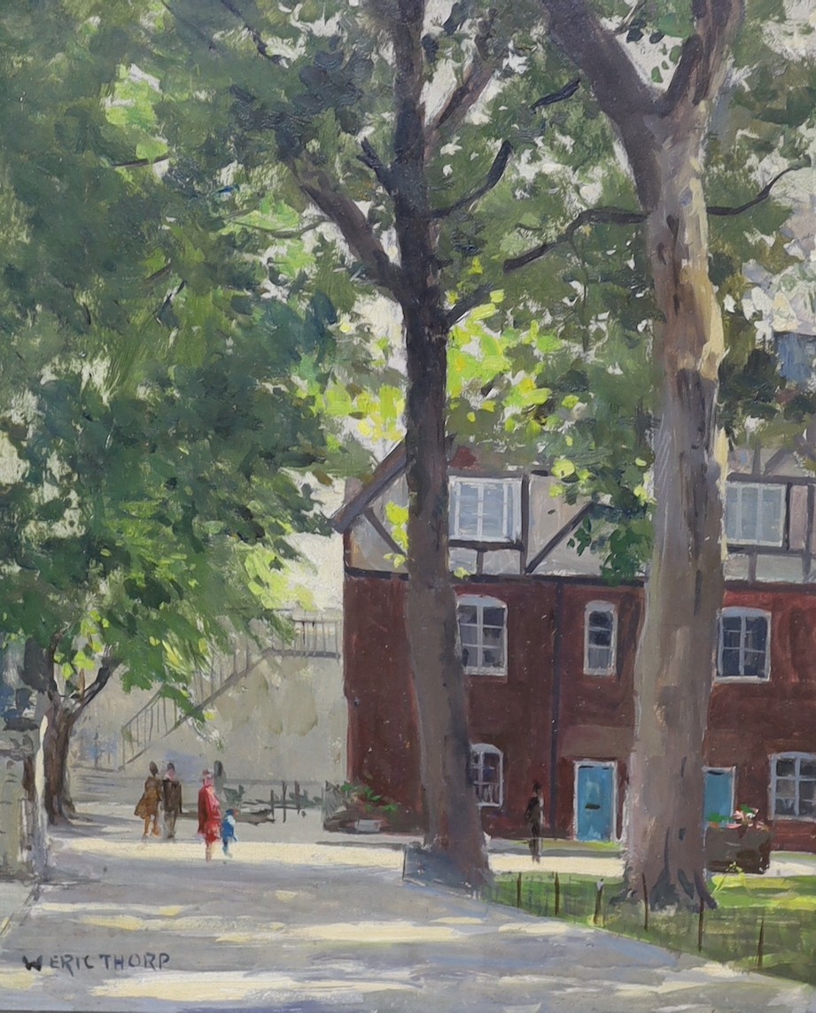 William Eric Thorp (1901-1993), oil on board, View from Tower Green, signed, with Wapping Group label verso, 29 x 23cm                                                                                                      