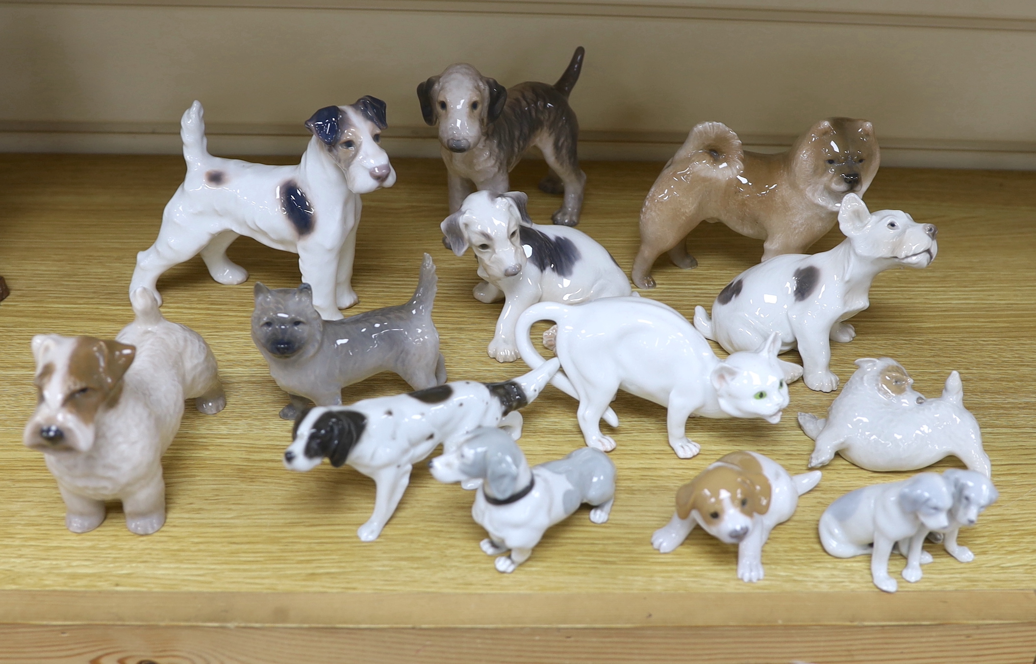 Thirteen Royal Copenhagen, B&G and other models of dogs and a cat, the largest 17cm wide                                                                                                                                    