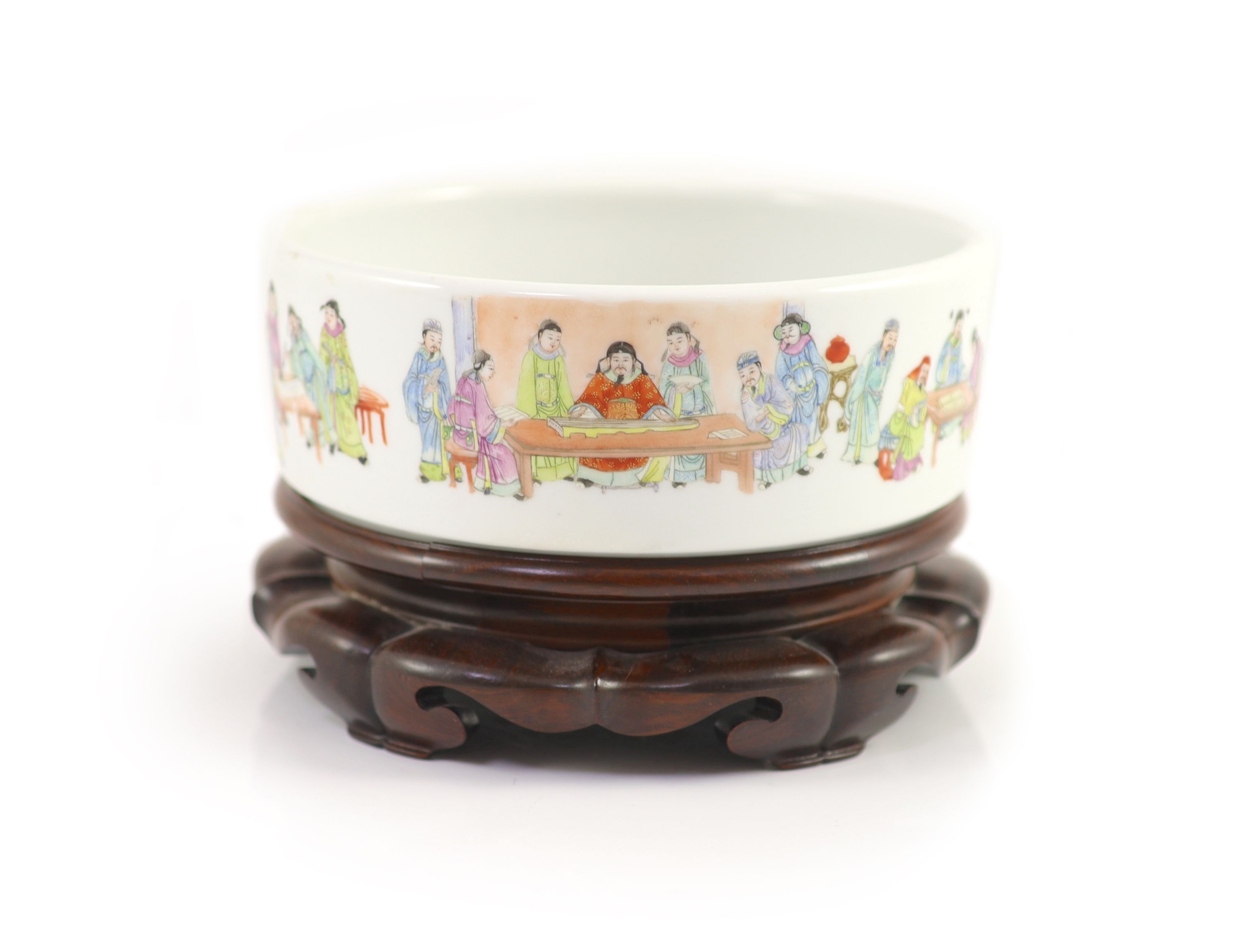 A Chinese famille rose cylindrical bowl, Yongzheng mark but Republic period, 19cm diameter, 7cm high, wood stand                                                                                                            