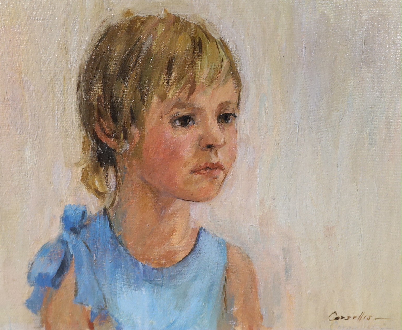June Corsellis (b.1940), oil on canvas, Girl in a blue dress, signed, 20 x 25cm, unframed                                                                                                                                   