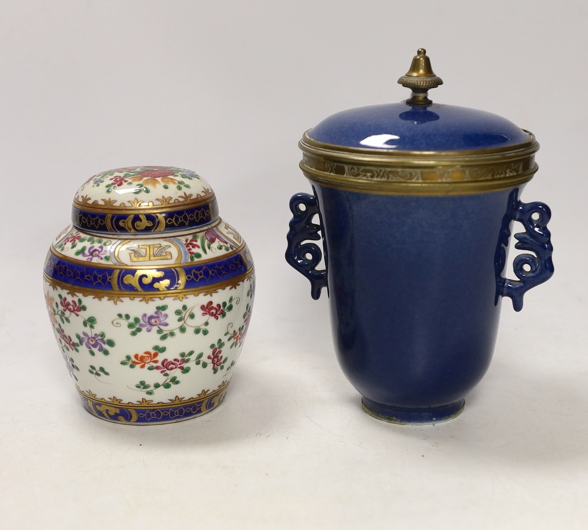 A Samson Chinese style powder blade and brass mounted cup and cover and a similar famille rose jar and cover, largest 18cm high (2)                                                                                         