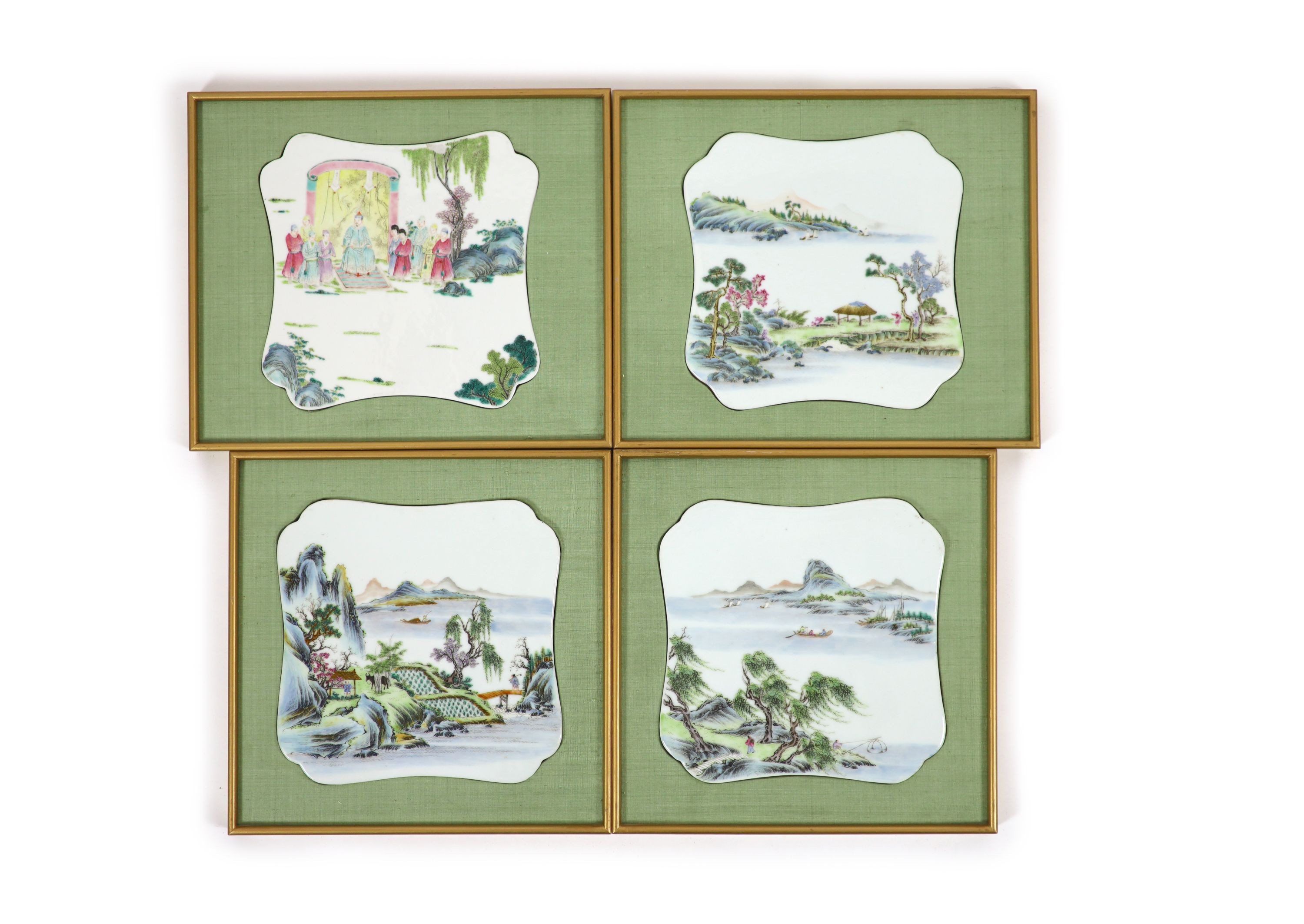 A set of three Chinese famille rose shaped square plaques and another similar plaque, 19th century, 20.5cm to 21cm wide, later mounted and framed (4)                                                                       