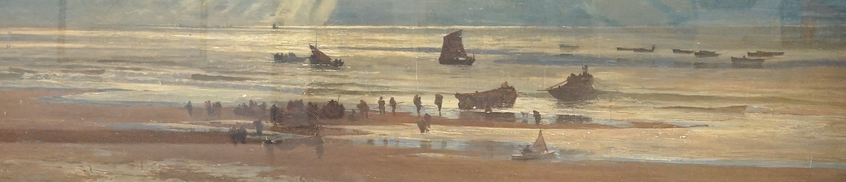 Manner of William Lionel Wyllie (1851-1931), oil on canvas, Panoramic coastal view with fishing boats, bears signature, 31 x 86cm. Condition - poor to fair                                                                 