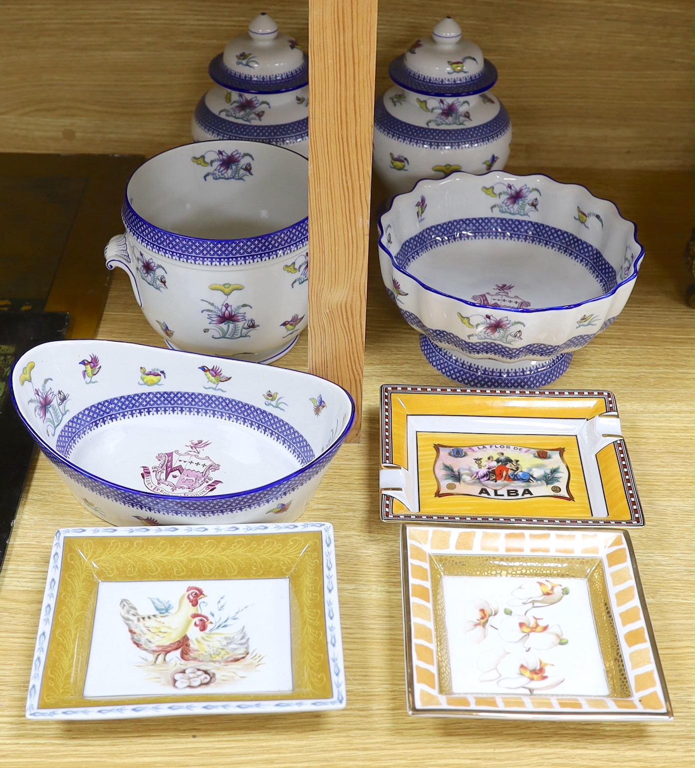 Two Copeland Spode Armorial bowls, a pair of lidded jars a planter and three Limoges ashtrays, jars and covers 24cm high                                                                                                    