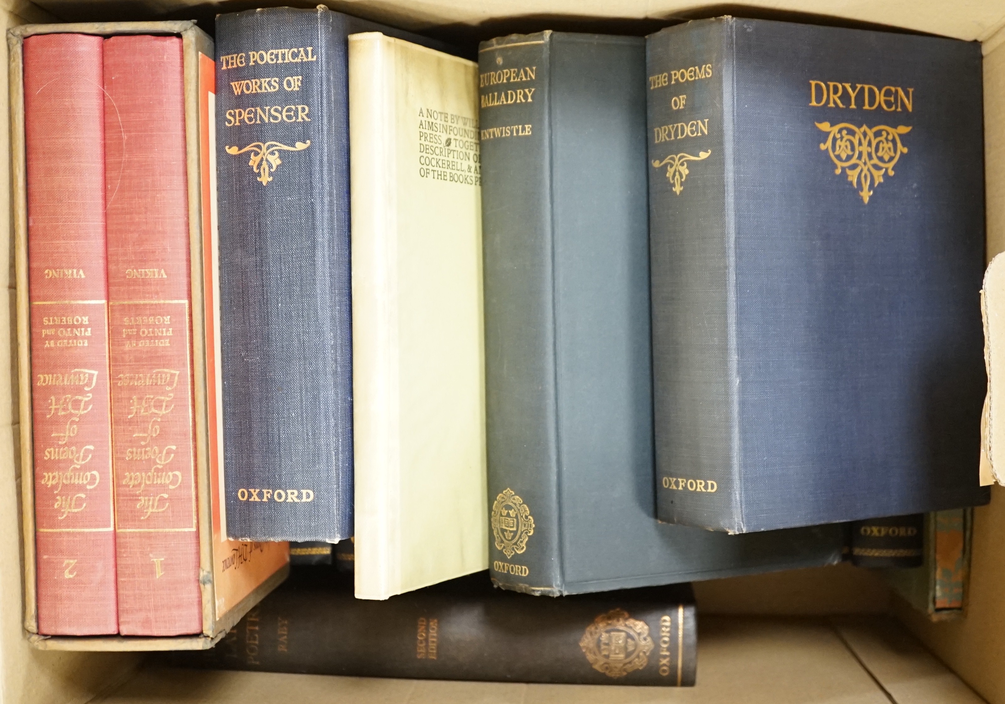 Spenser’s works, The complete poems of DH Lawrence, the works of Sir Thomas Mallory, Marvell’s poems and letters, the poems of Dryden and a note by William Morris on his aims in founding the Kelmscott press etc          