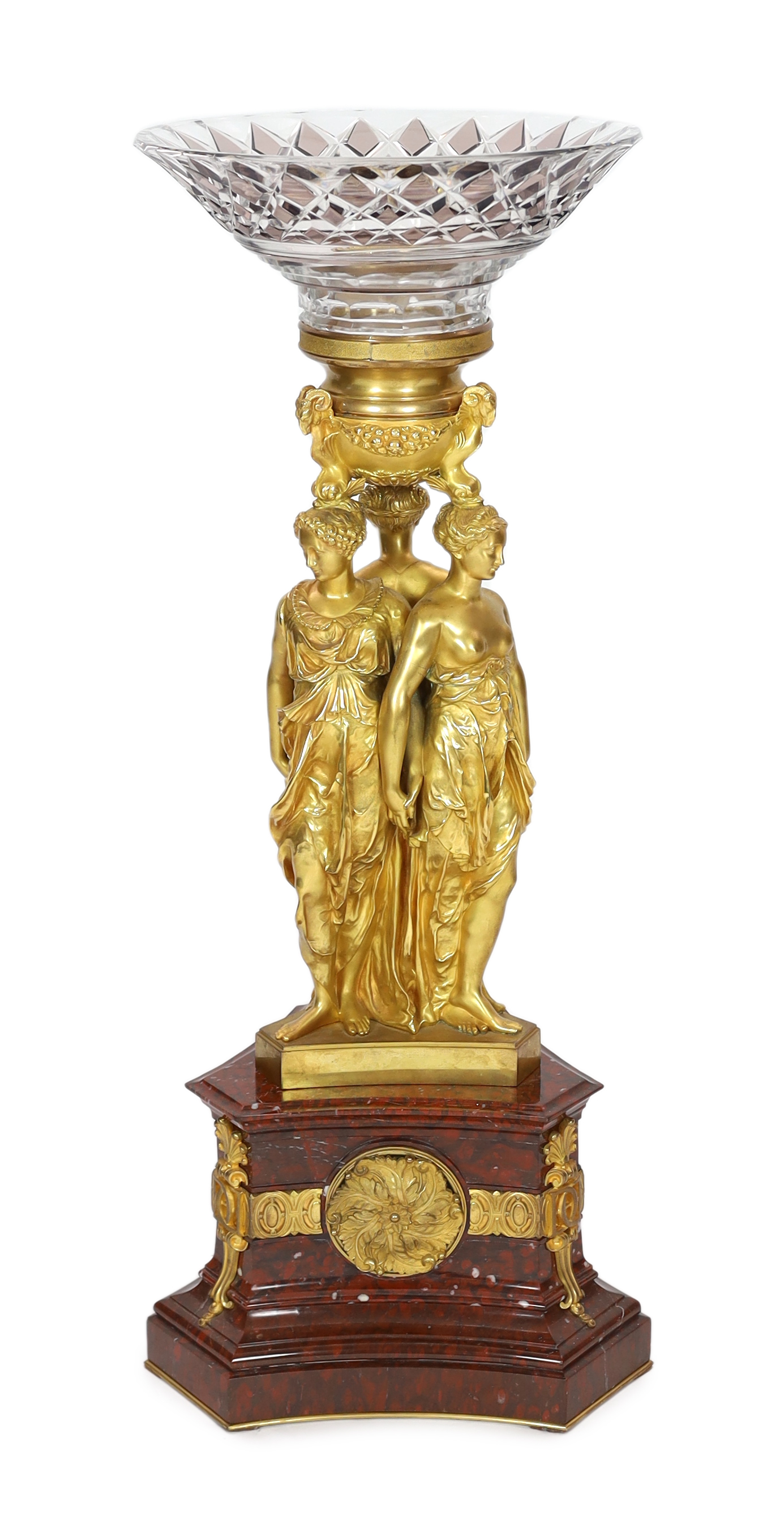 After Pierre-Philippe Thomire (1751-1843), a French Empire ormolu and rouge marble centrepiece 37cm diameter, 97cm high, Please note this lot attracts an additional import tax of 5% on the hammer price                   