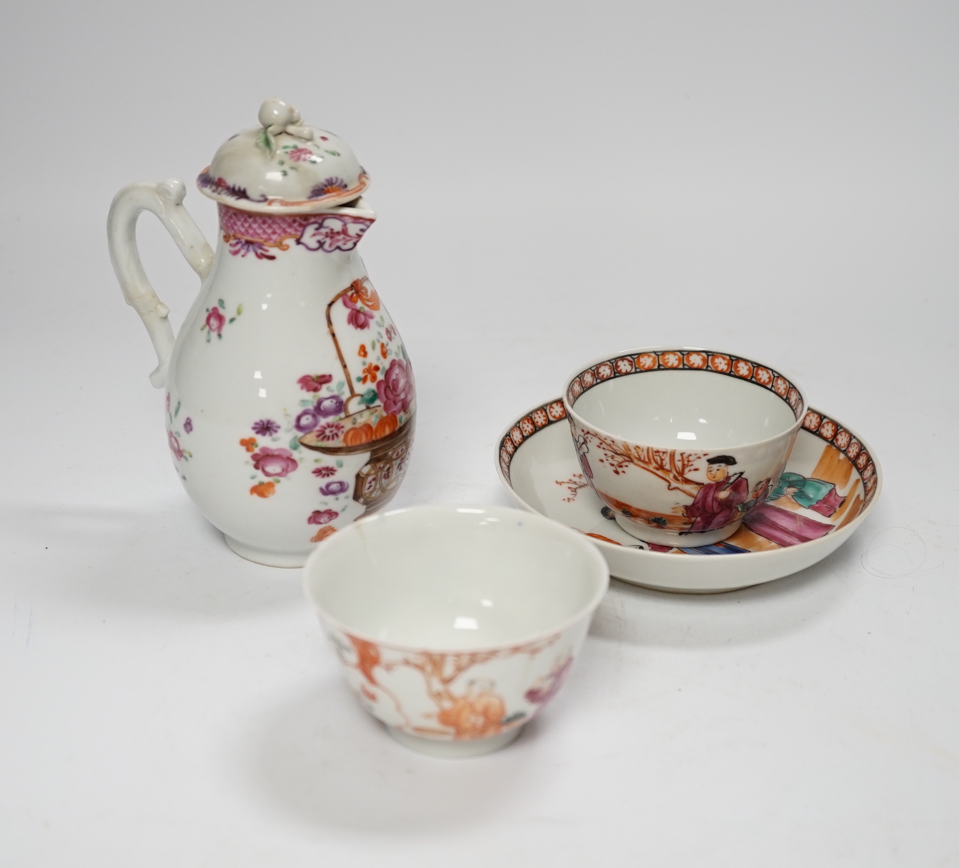 A Chinese Mandarin pattern milk jug and two similar tea bowls and a saucer, jug 14.5cm (4)                                                                                                                                  