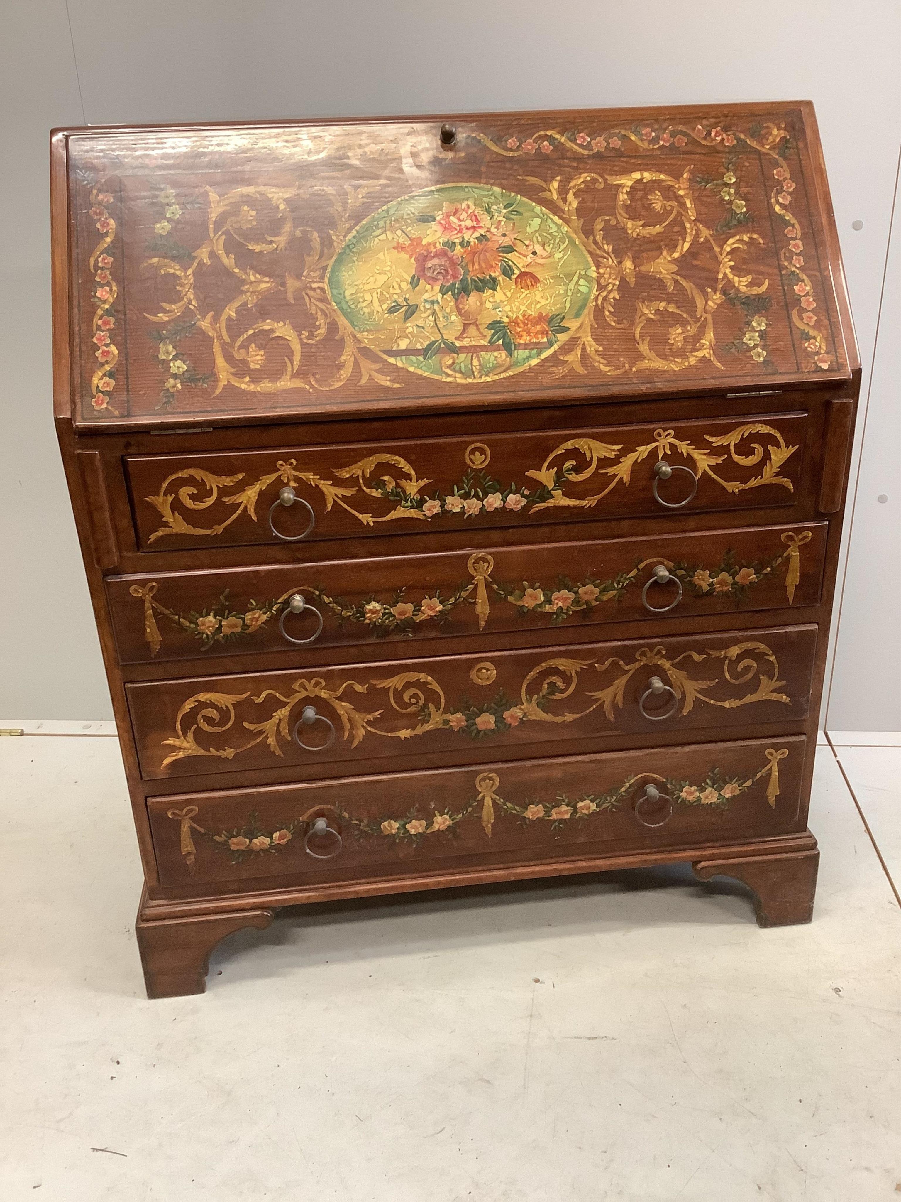 An Edwardian style painted oak bureau, width 90cm, height 107cm. Condition - fair to good                                                                                                                                   