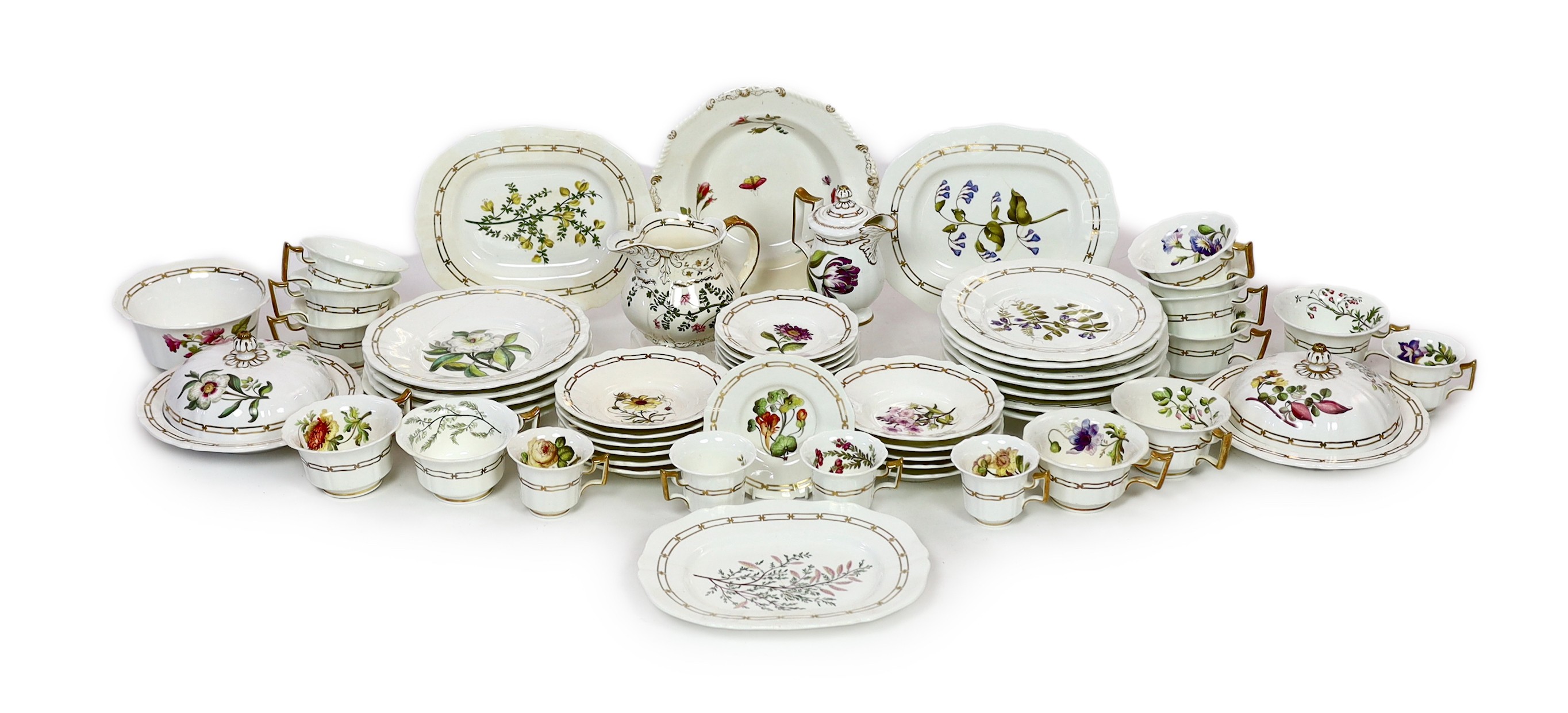 A rare Rockingham botanical specimen part breakfast service, griffin statant mark, c.1826, with some matching pieces, c.1830-5                                                                                              
