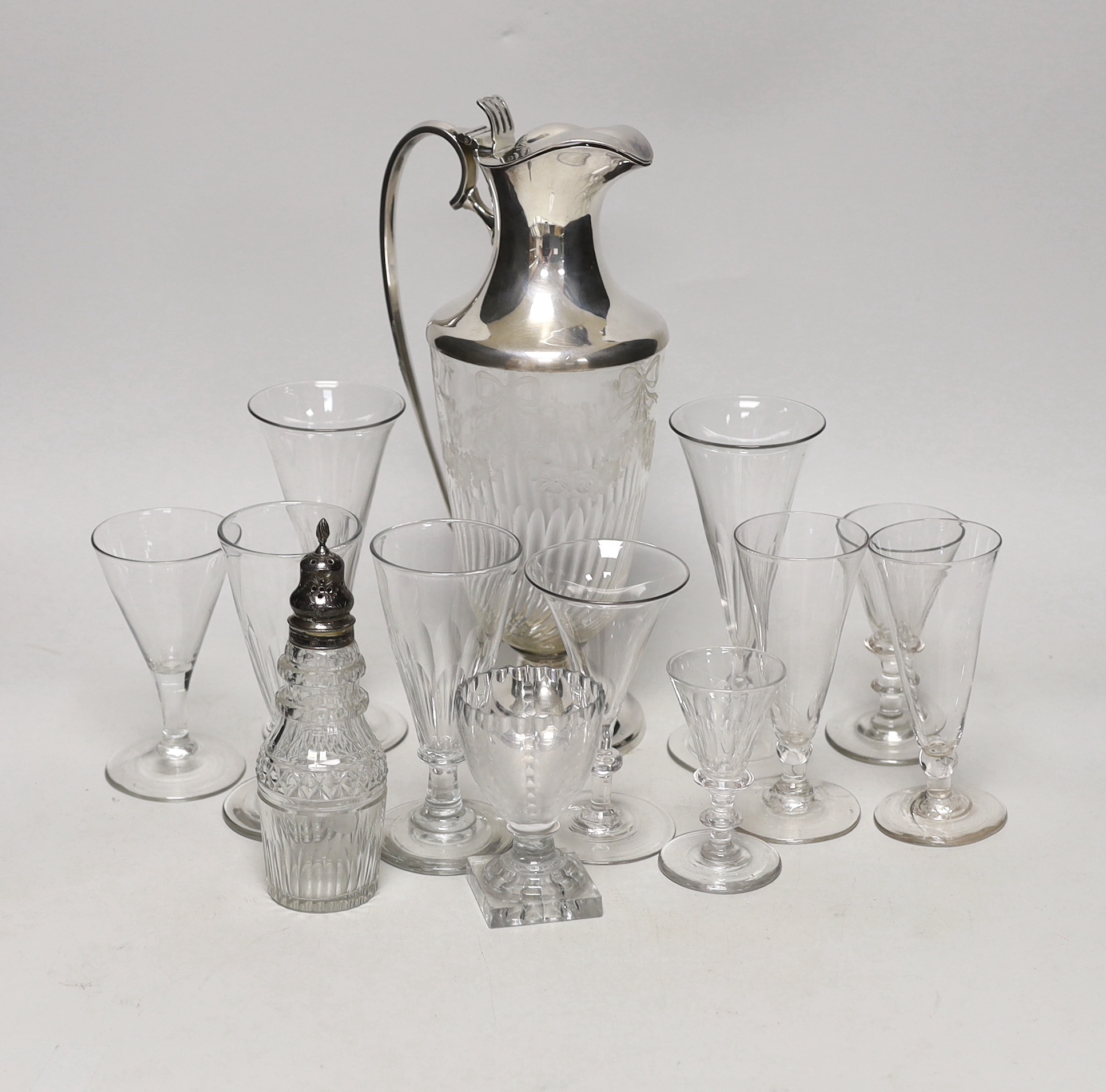 A silver plate mounted glass claret jug and various glasses                                                                                                                                                                 