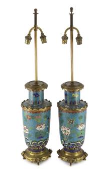 A pair of Chinese cloisonné enamel vases, 19th century with French gilt bronze lamp mounts                                                                                                                                  