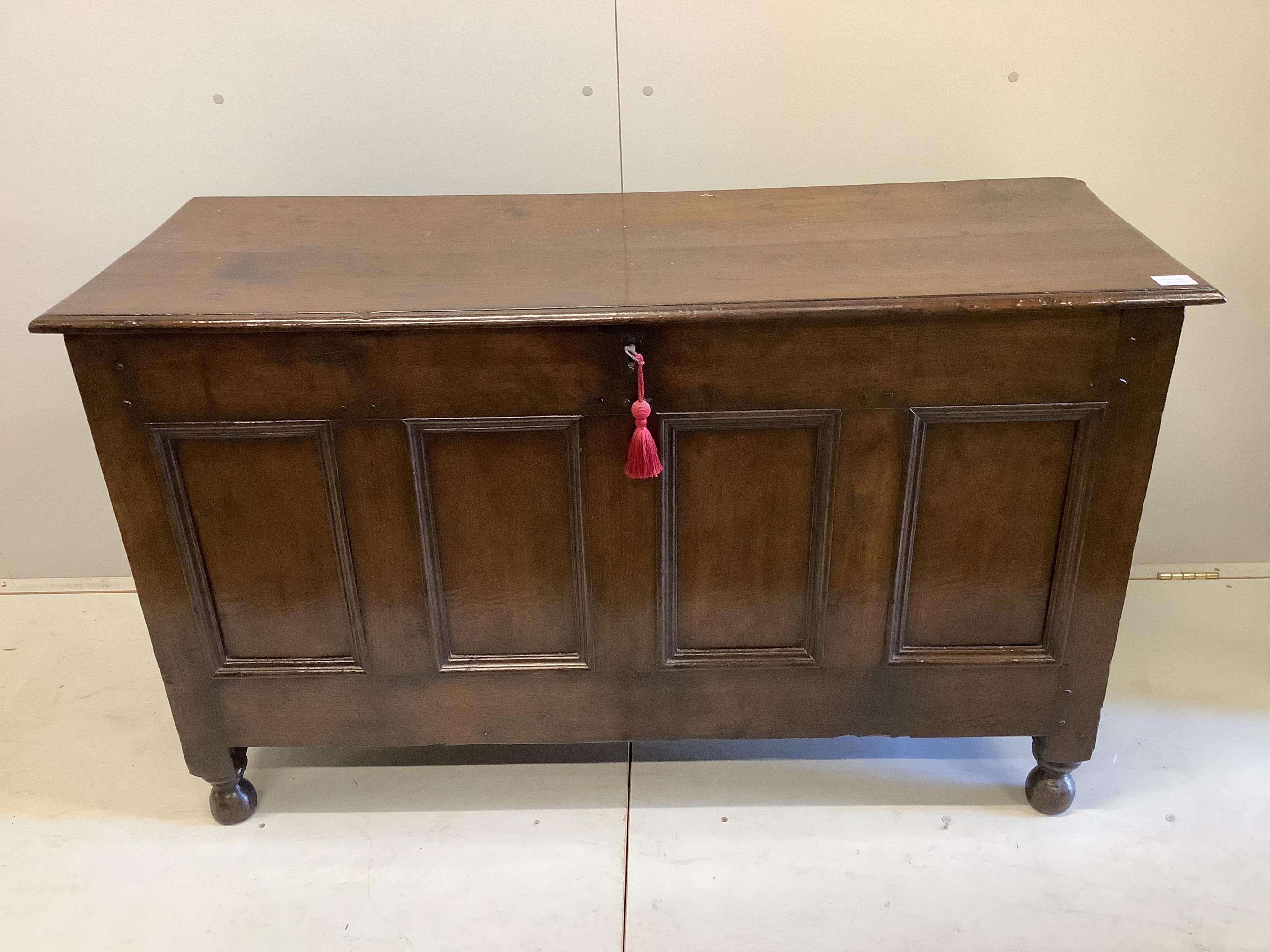 An 18th century oak fielded panelled coffer, width 131cm, depth 50cm, height 78cm. Condition - fair-good                                                                                                                    