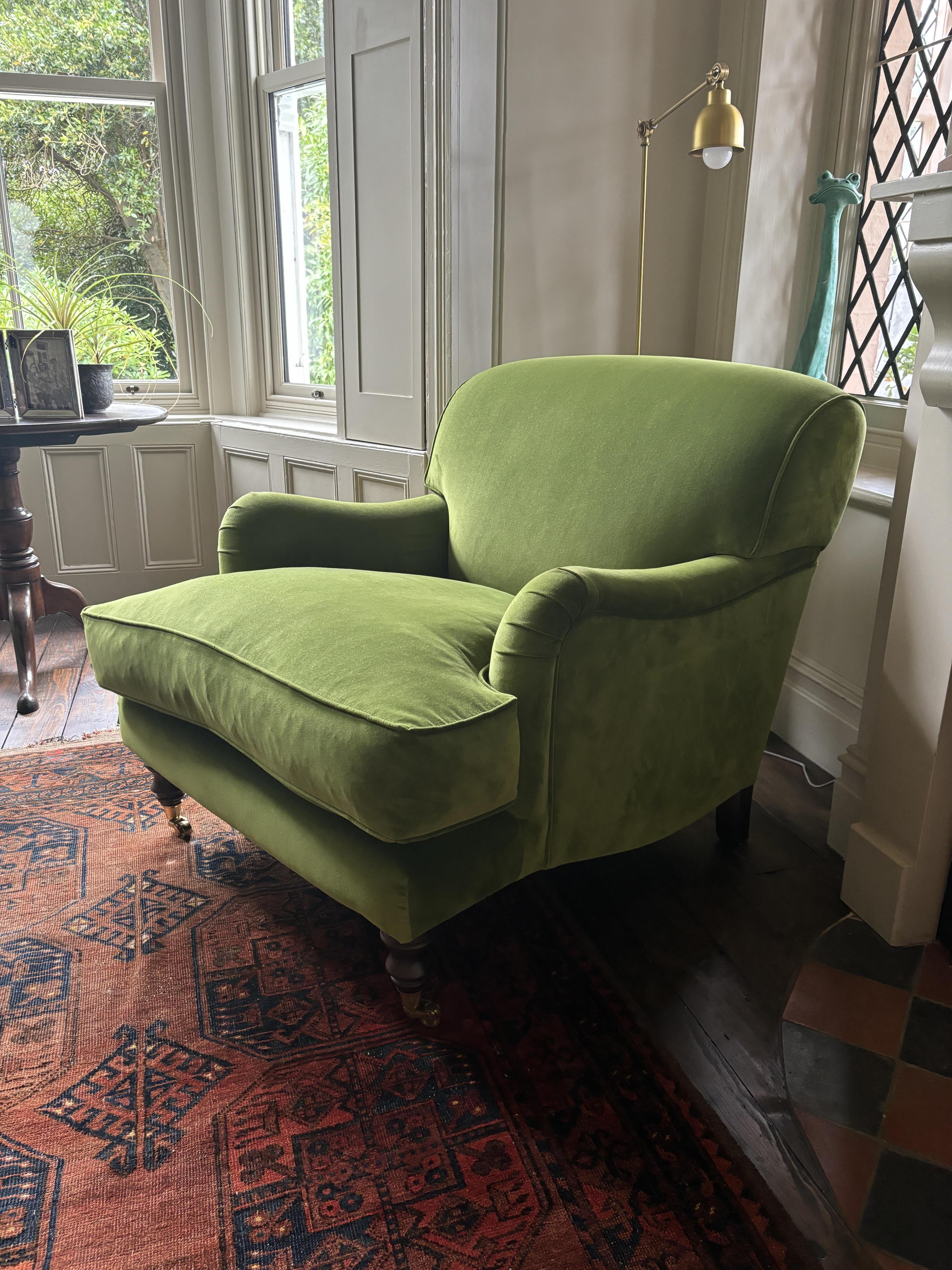 A Sofa Workshop 'Lady May' English roll arm green velvet club armchair, Howard style, seat generously feather filled, width 90cm, depth 110cm, height 84cm seat height 48cm. Condition - very good                          