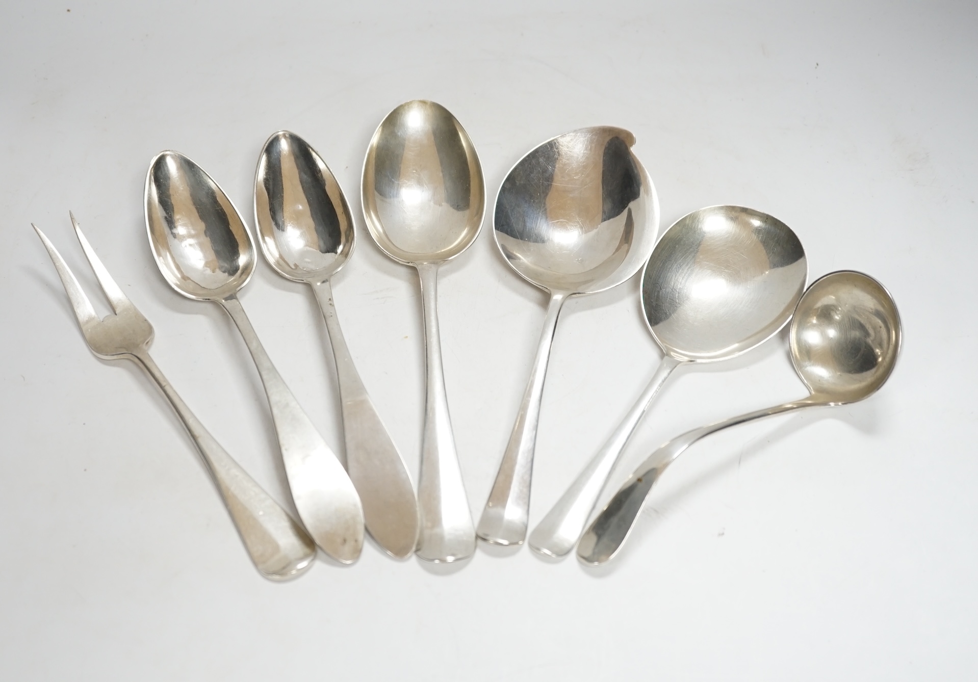 Three Dutch 833 standard white metal serving spoons, a ladle, fork and pair of tablespoons, 16.9oz.                                                                                                                         