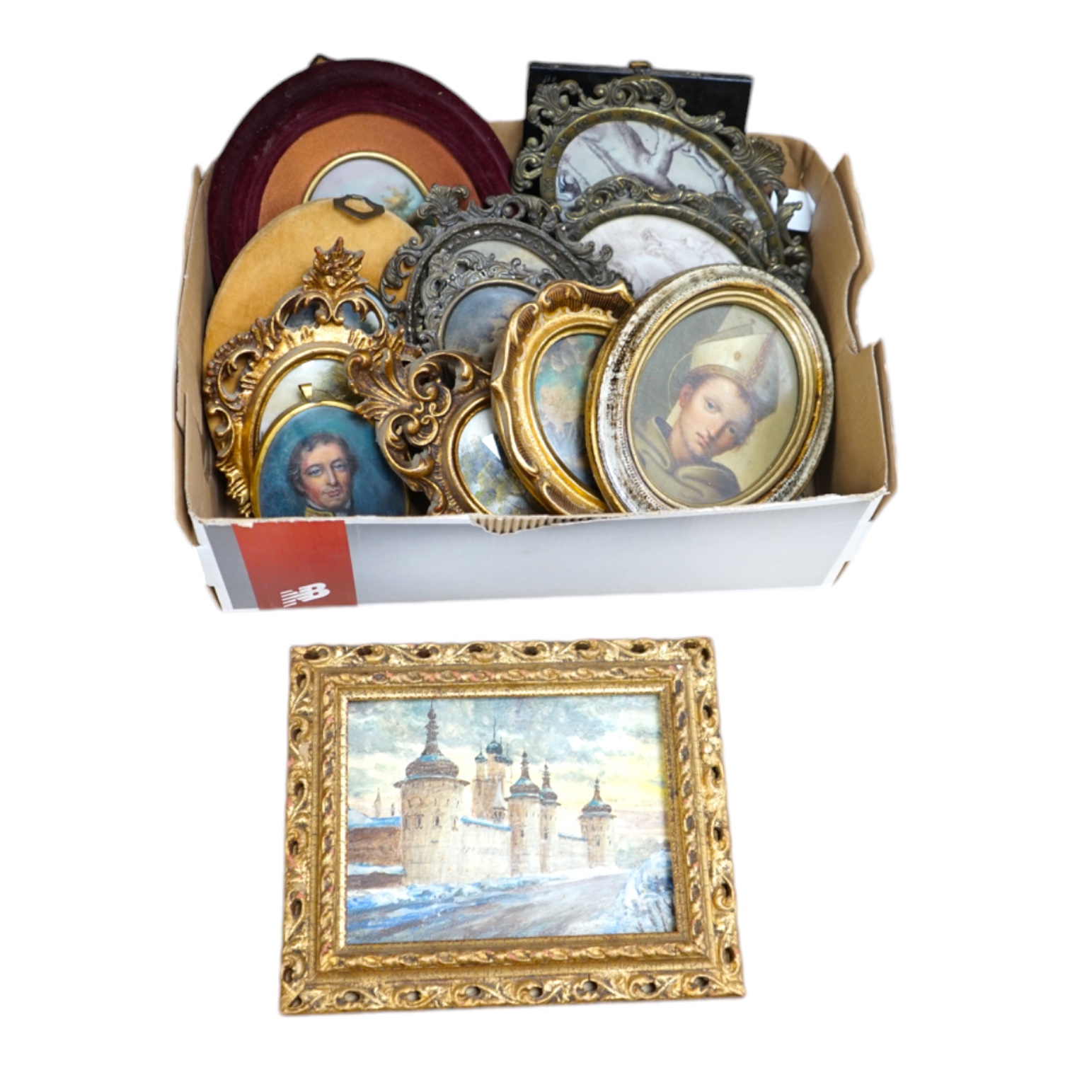 A collection of various hand painted and some printed miniatures to include an oil, Portrait of a bishop, landscapes and a portrait of a gentleman wearing military dress, largest 12 x 15cm, each housed in ornate frame. C