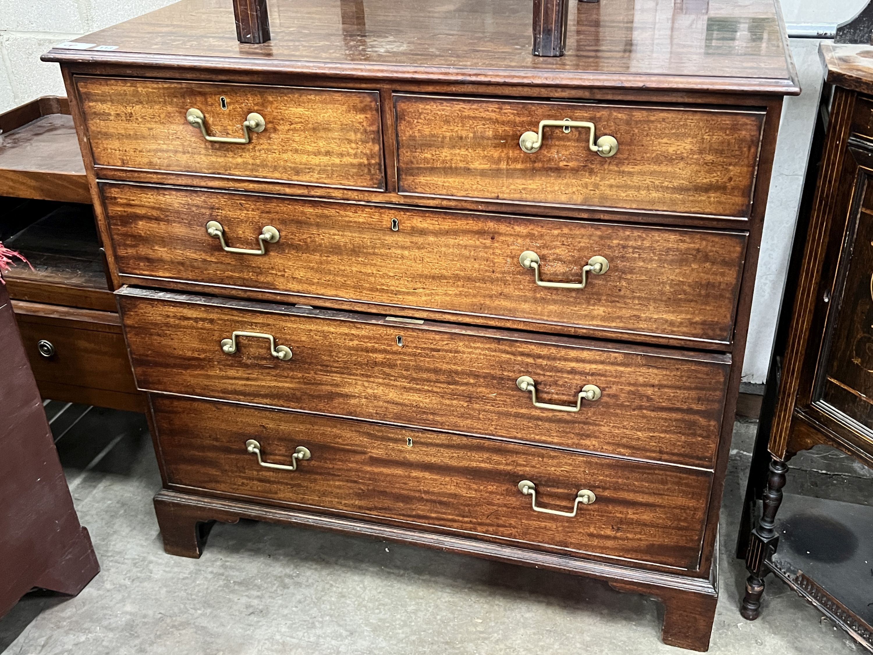 A George III mahogany five drawer chest, width 109cm, depth 58cm, height 104cm                                                                                                                                              