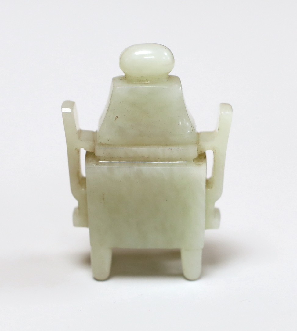 A Chinese pale celadon jade miniature ‘fanghu’ vessel, 6cms high                                                                                                                                                            