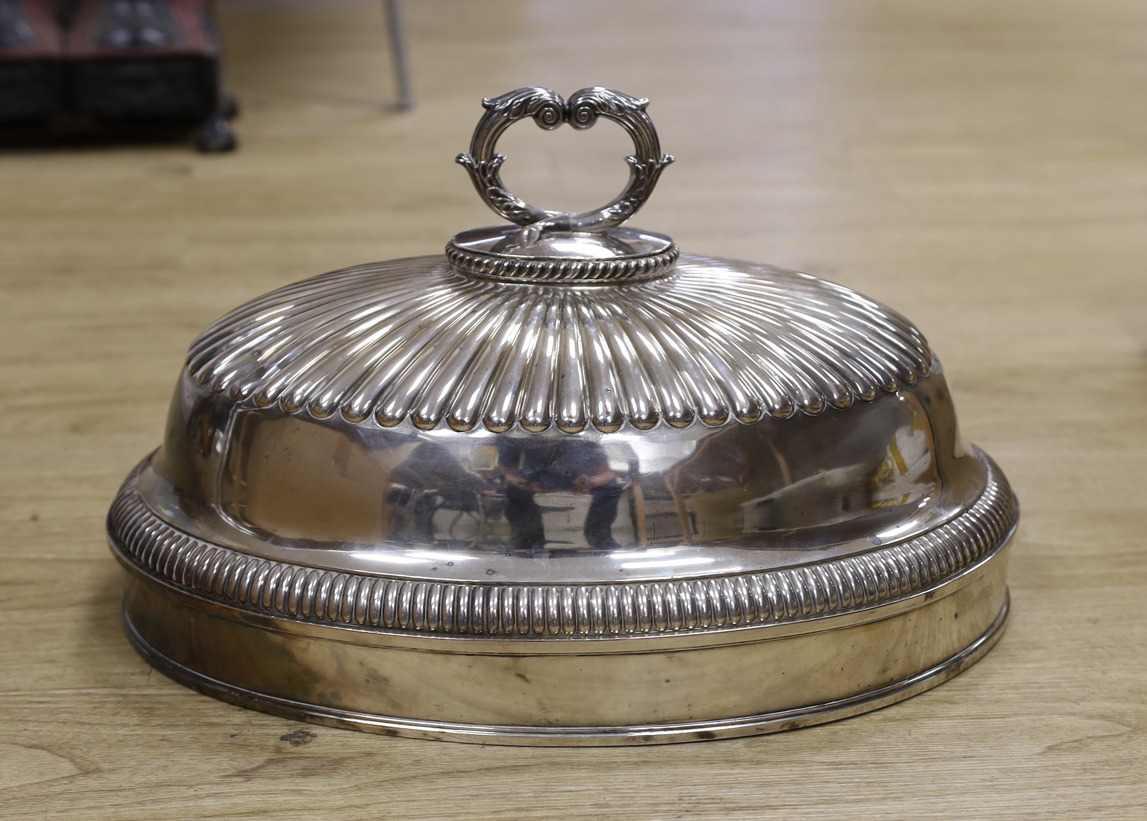 A silver plated oval meat dish cover, 48cm wide                                                                                                                                                                             