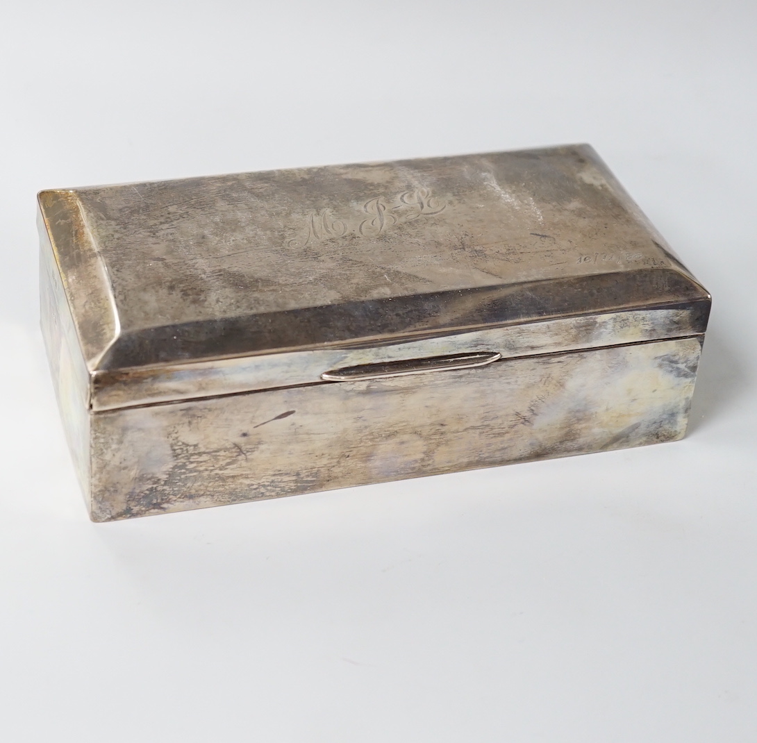 A George V plain rectangular silver cigarette box, Birmingham 1921, 18cm, gross 538 grams                                                                                                                                   