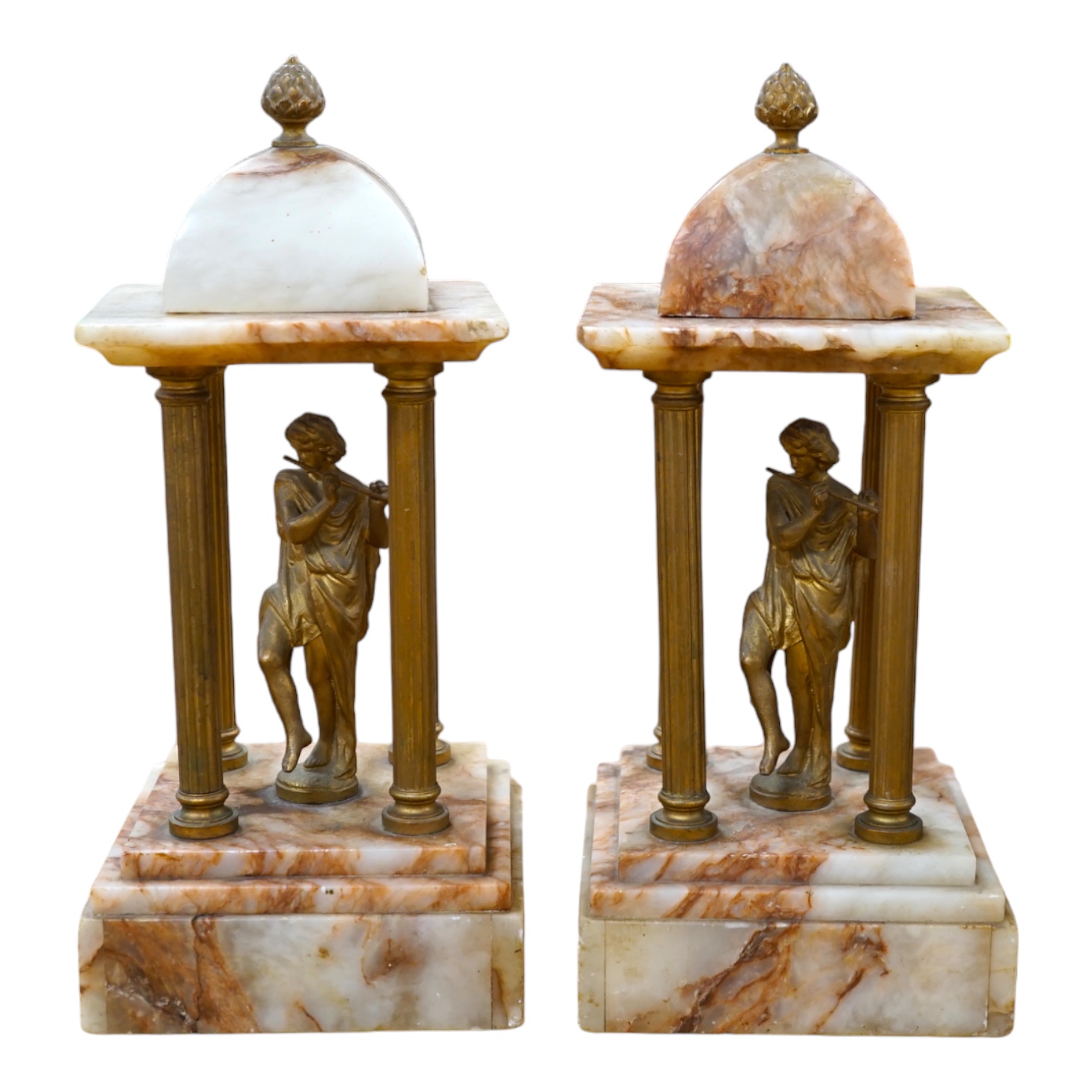 Two Italian alabaster and gilt spelter pavilion figural ornaments. Condition - fair to good, minor chipping                                                                                                                 