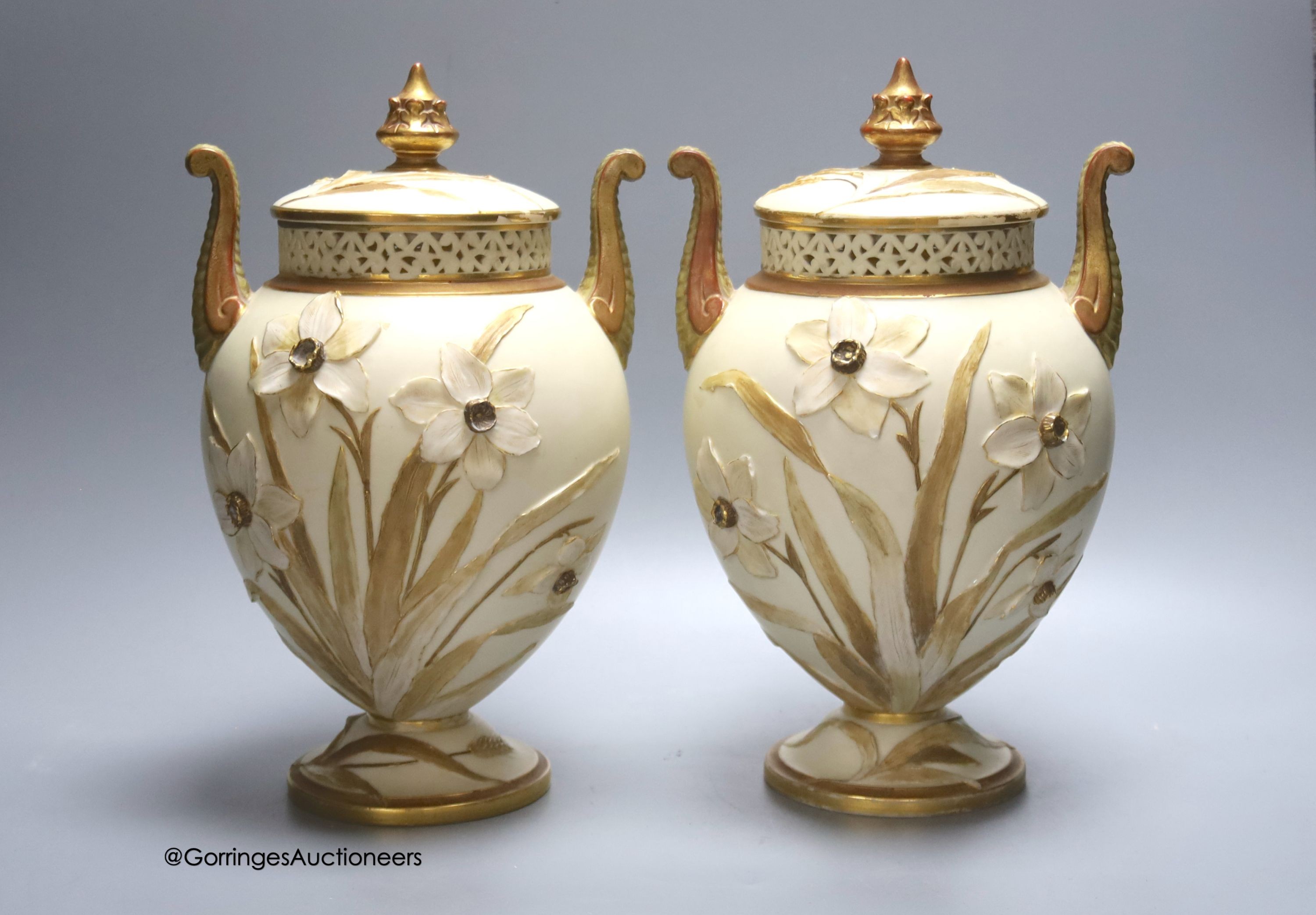 A pair of Grainger & Co. Worcester Royal China Works porcelain pot pourri vases and covers, height 28cm                                                                                                                     