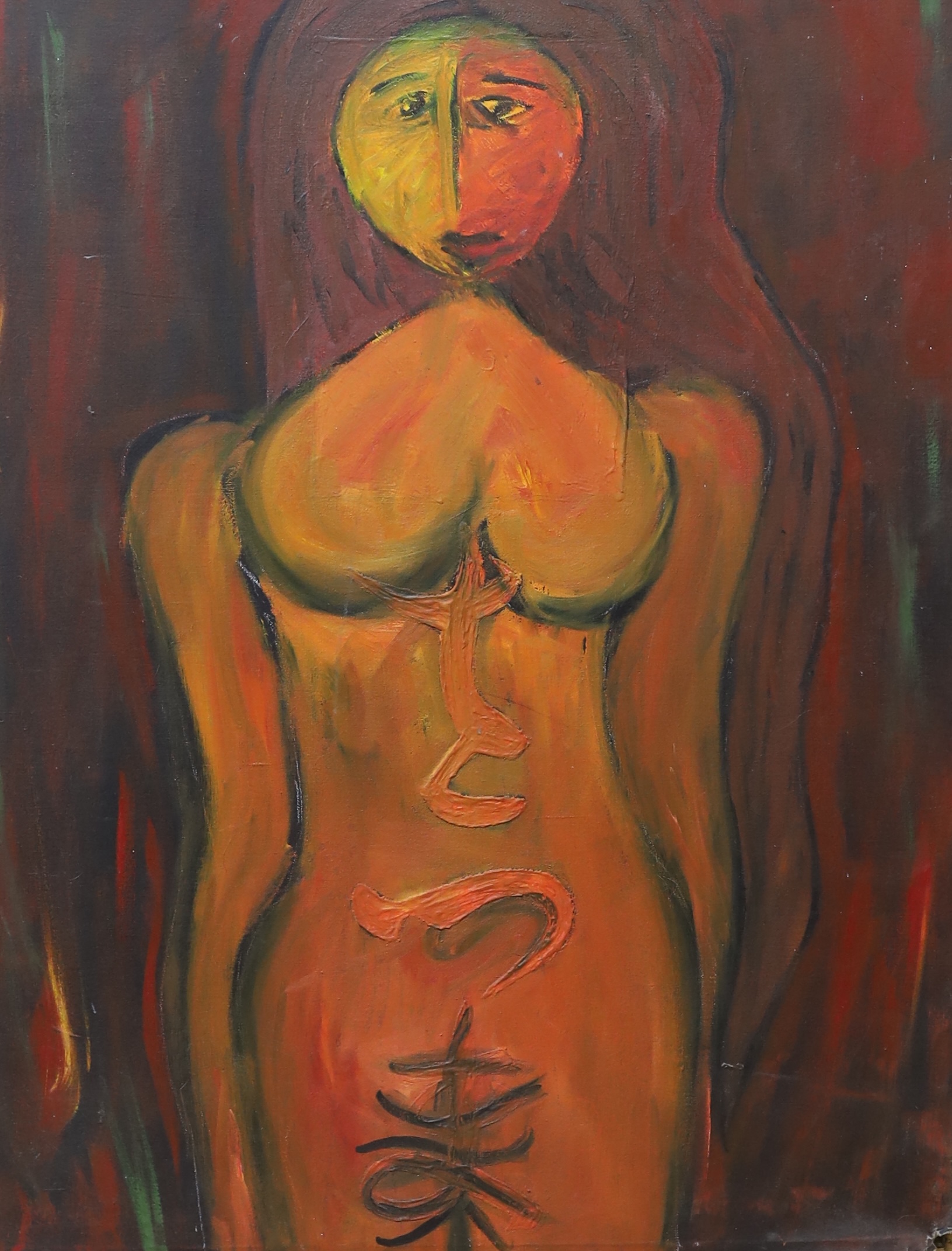 Modern British, oil on canvas, Study of a female nude, unsigned, 83 x 66cm, unframed                                                                                                                                        