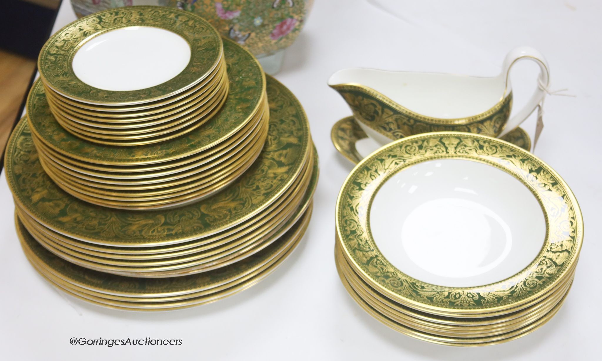 A Wedgwood Green Florentine part dinner service                                                                                                                                                                             