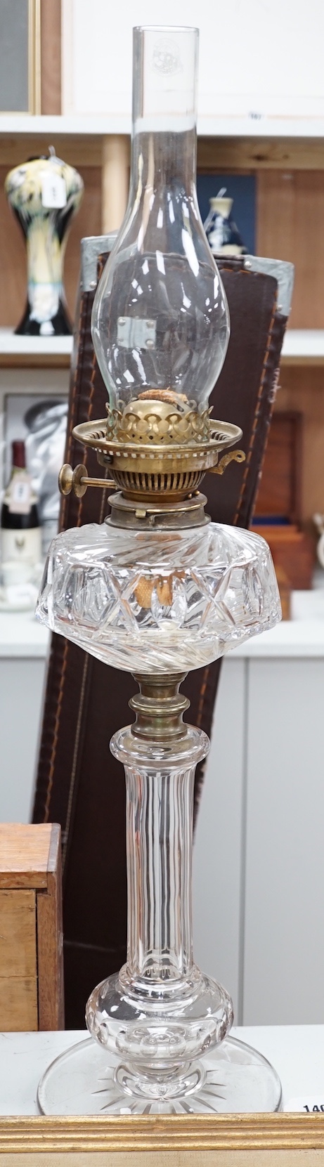 A Victorian glass oil lamp, total height excl chimney 51cm                                                                                                                                                                  