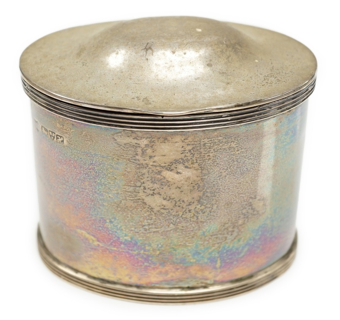 An Edwardian silver oval tea caddy, S. Blanckensee & Sons Ltd, Chester, 1908, height 83mm, 6.8oz.                                                                                                                           