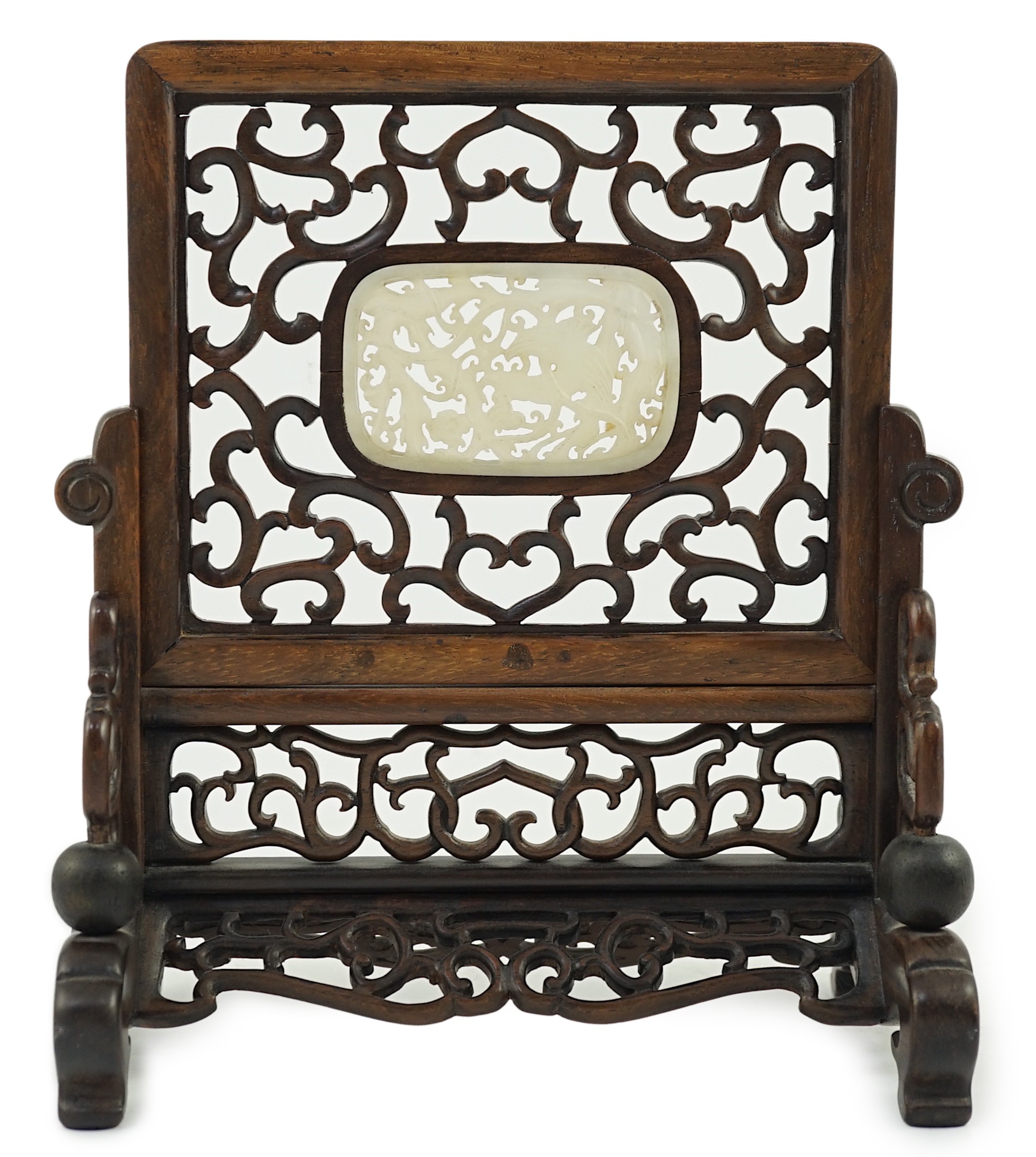 A small Chinese jade mounted hongmu tablescreen, late 19th/early 20th century, 22cm high, 19cm wide                                                                                                                         