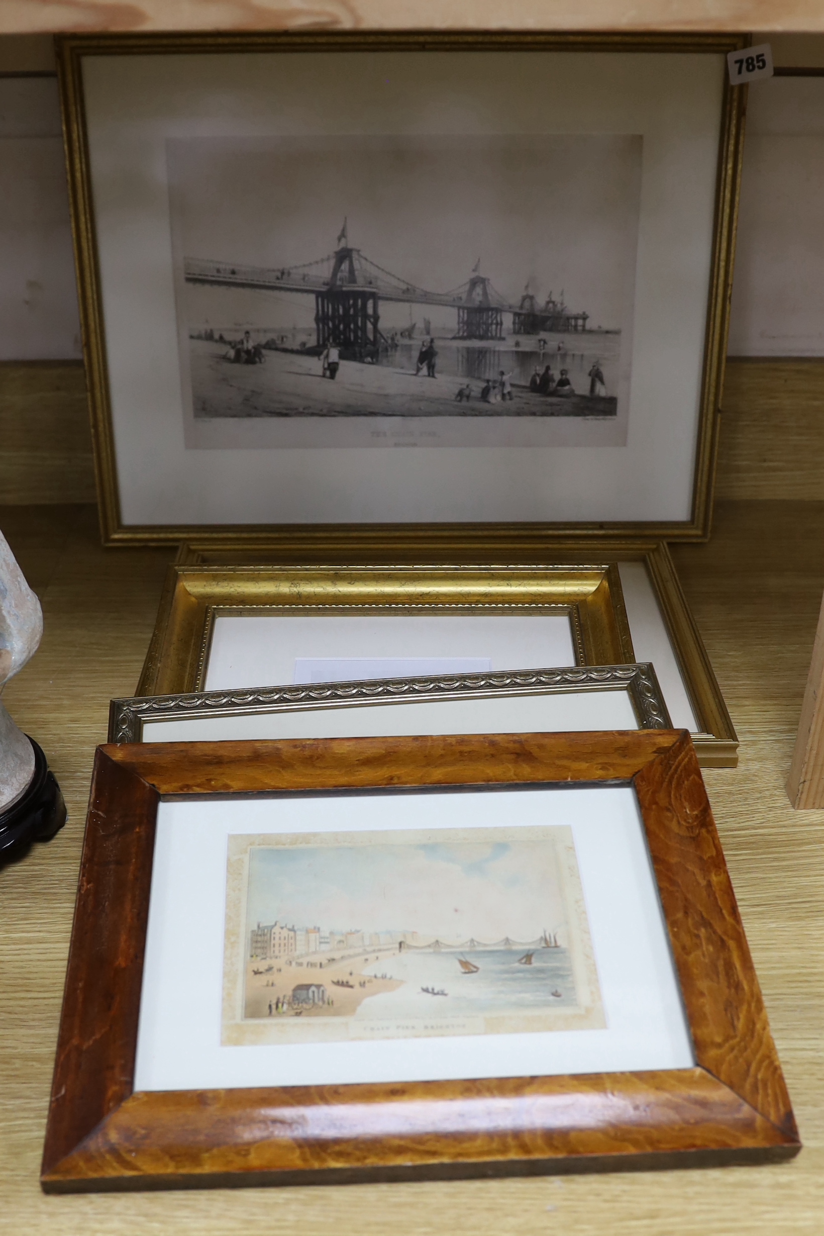 Five 19th century engravings and prints of Brighton Chain pier, some hand coloured including, ‘Chain pier’, publ. J Cordwell, ‘Dieppe steam packet ship’ and one other after R.H Nibbs, printed by C. Moody, largest size 23