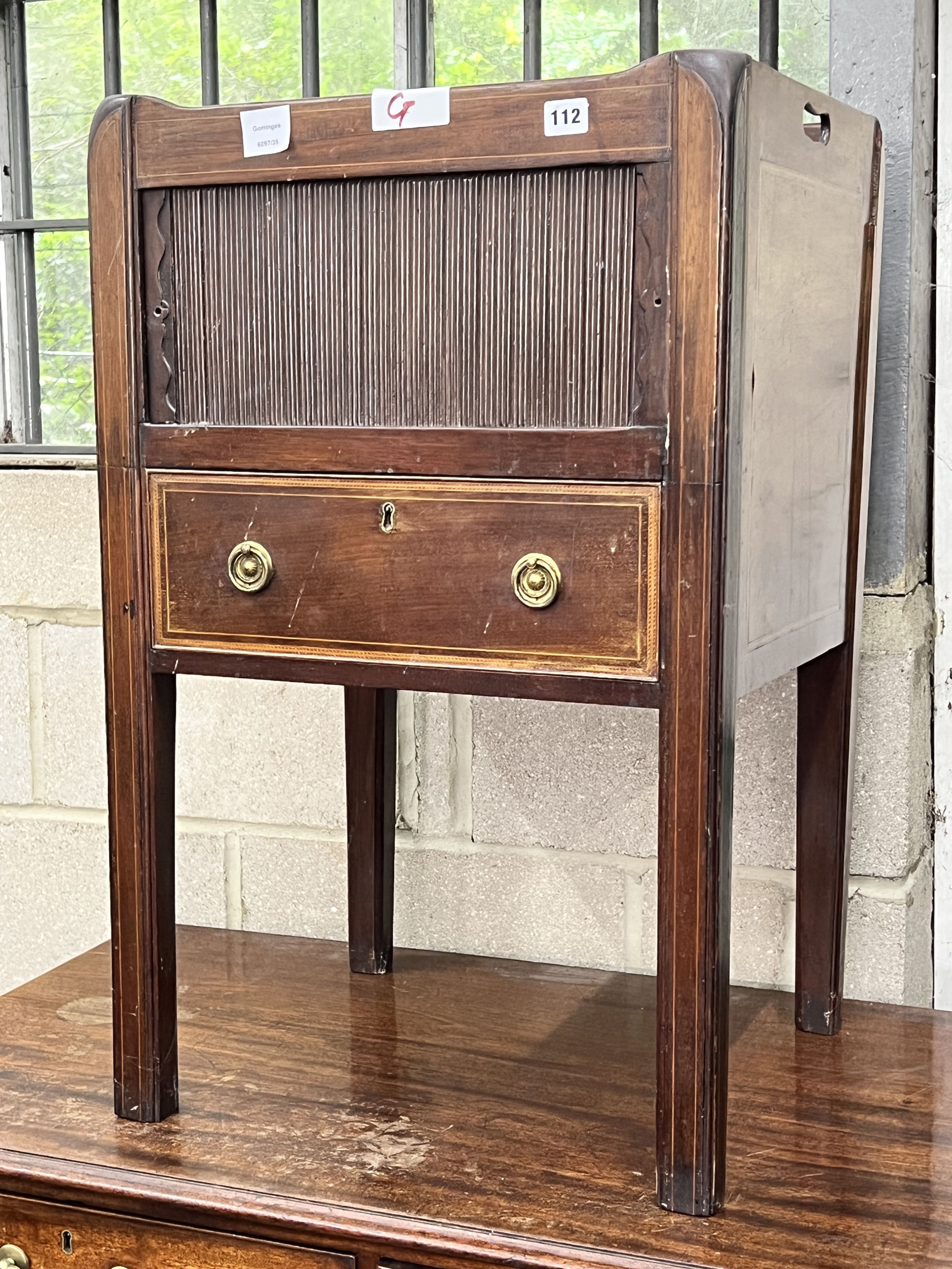 A George III mahogany tray top tambour bedside cabinet, width 51cm, depth 43cm, height 80cm                                                                                                                                 