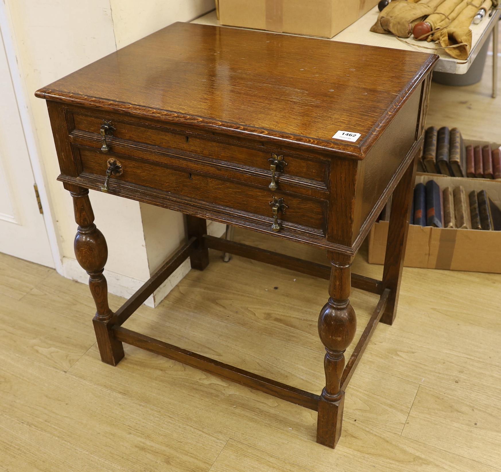 An oak standing canteen with two drawers of Mappin and Webb silver plated cutlery, settings for twelve people, 78cm high x 70cm wide x 54cm deep                                                                            