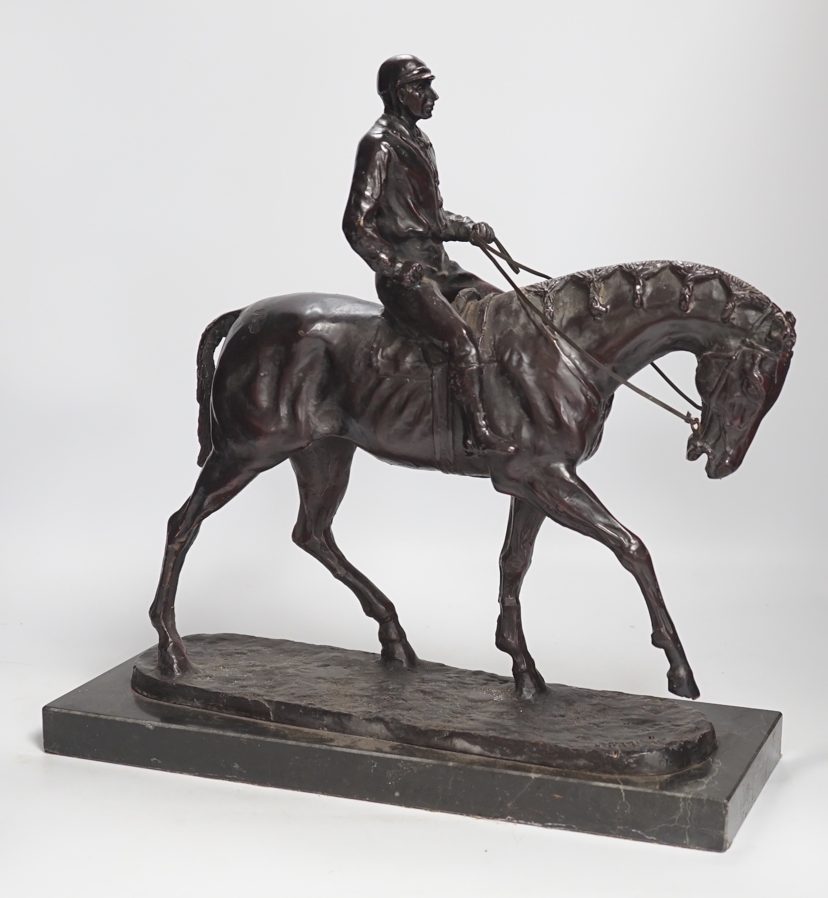 After Pierre-Jules Mêne (1810-1879) bronze study of horse and rider raised on marble base, 43cm wide                                                                                                                        