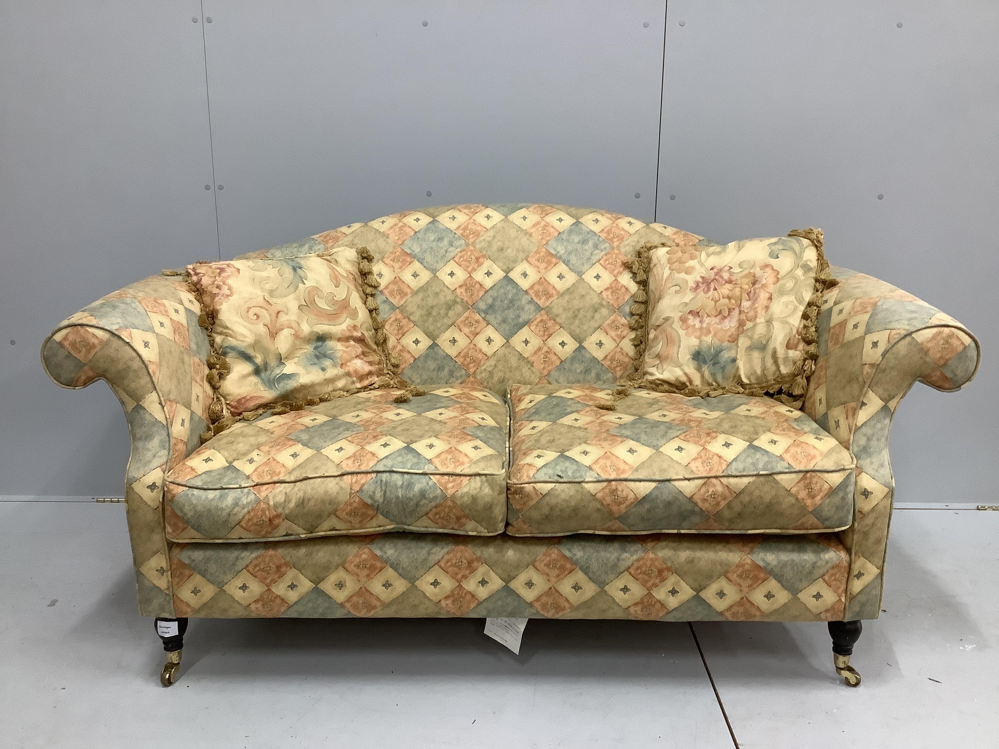 A Victorian style scroll arm two seater settee, width 170cm, depth 74cm, height 87cm                                                                                                                                        