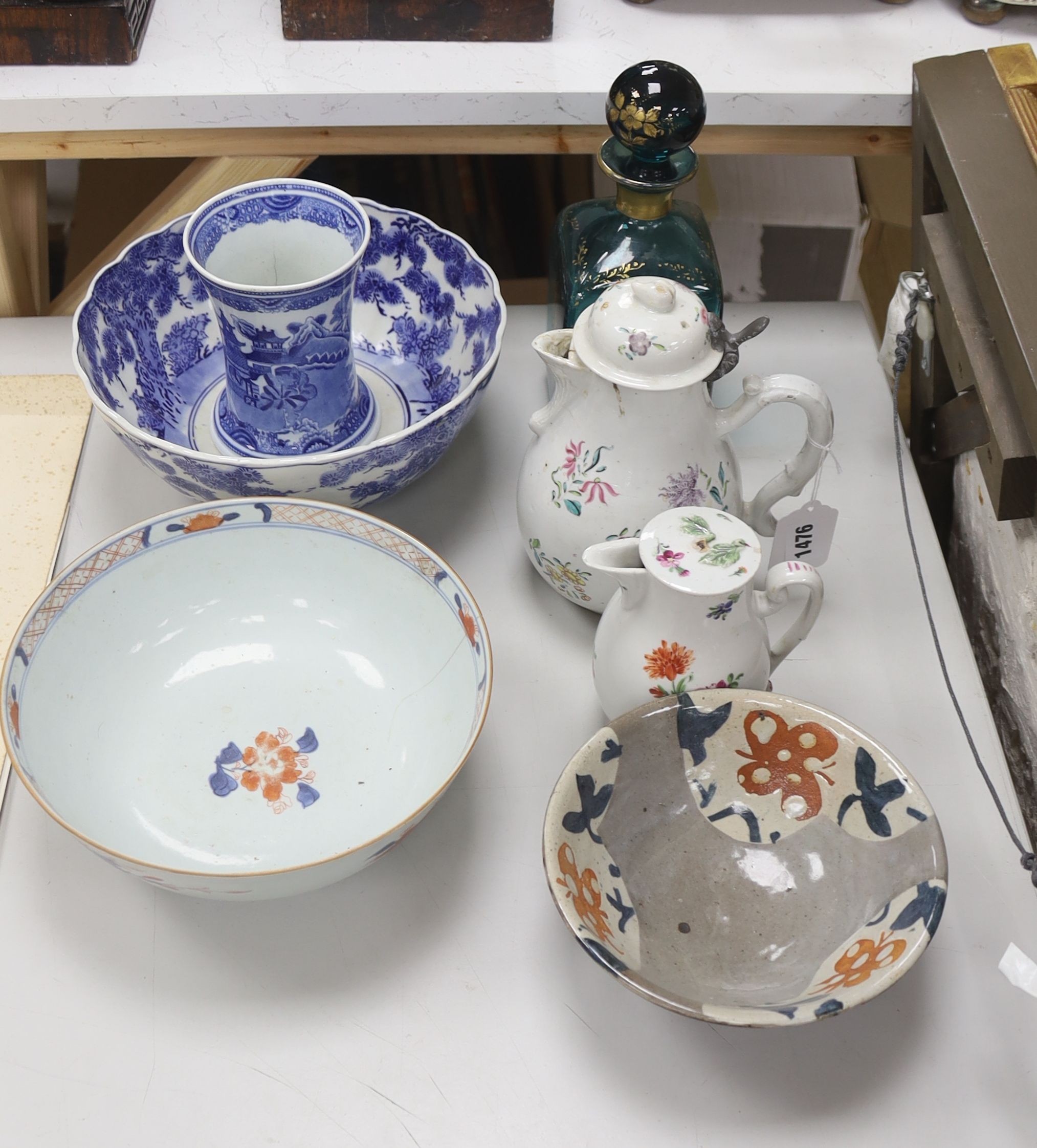 Sundry ceramics, including a studio pottery bowl, a Chinese export porcelain lidded coffee pot, a German porcelain lidded jug (a.f.), a Japanese blue and white dish, etc.                                                  