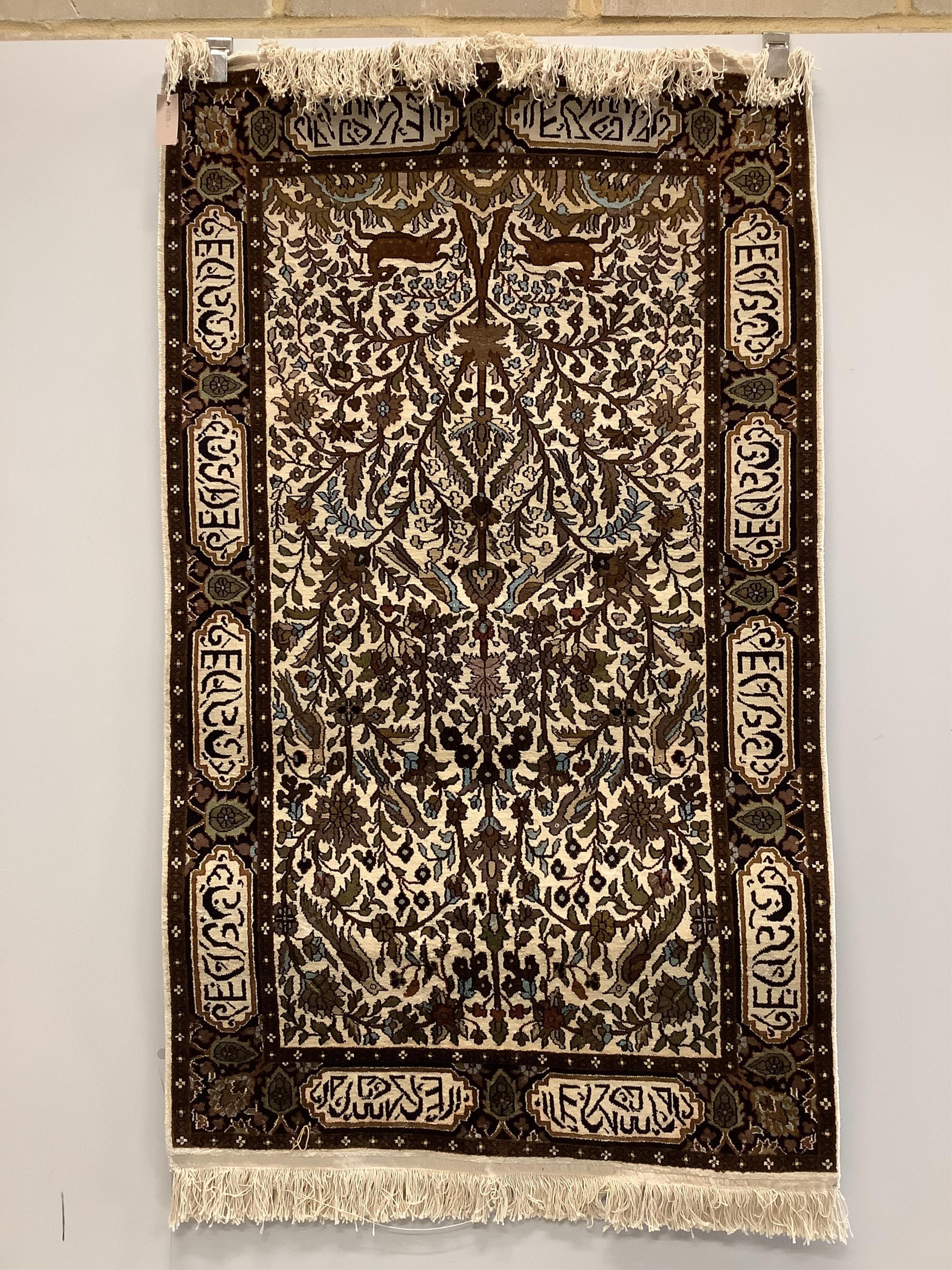 A Persian hand knotted and natural silk tree of life rug, 160 x 95cm. Condition - good                                                                                                                                      