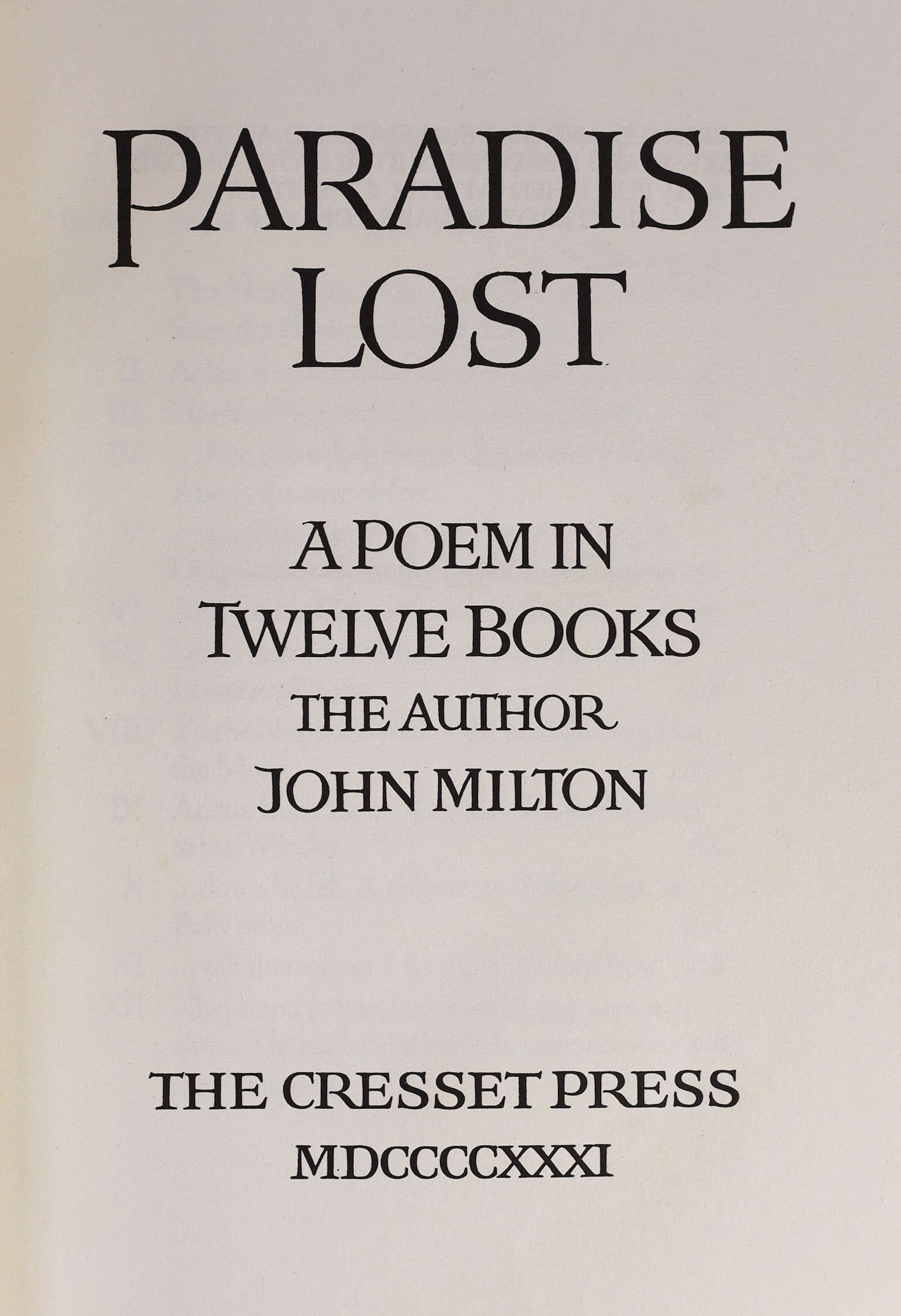 Cresset Press - London - Milton, John - Paradise Lost; Paradise Regain’d, one of 195, 2 vols, 4to, pigskin binding stamped - ‘’Wood of London’’, (Henry T. Wood, established 1875), illustrated with wood-engravings by Deme