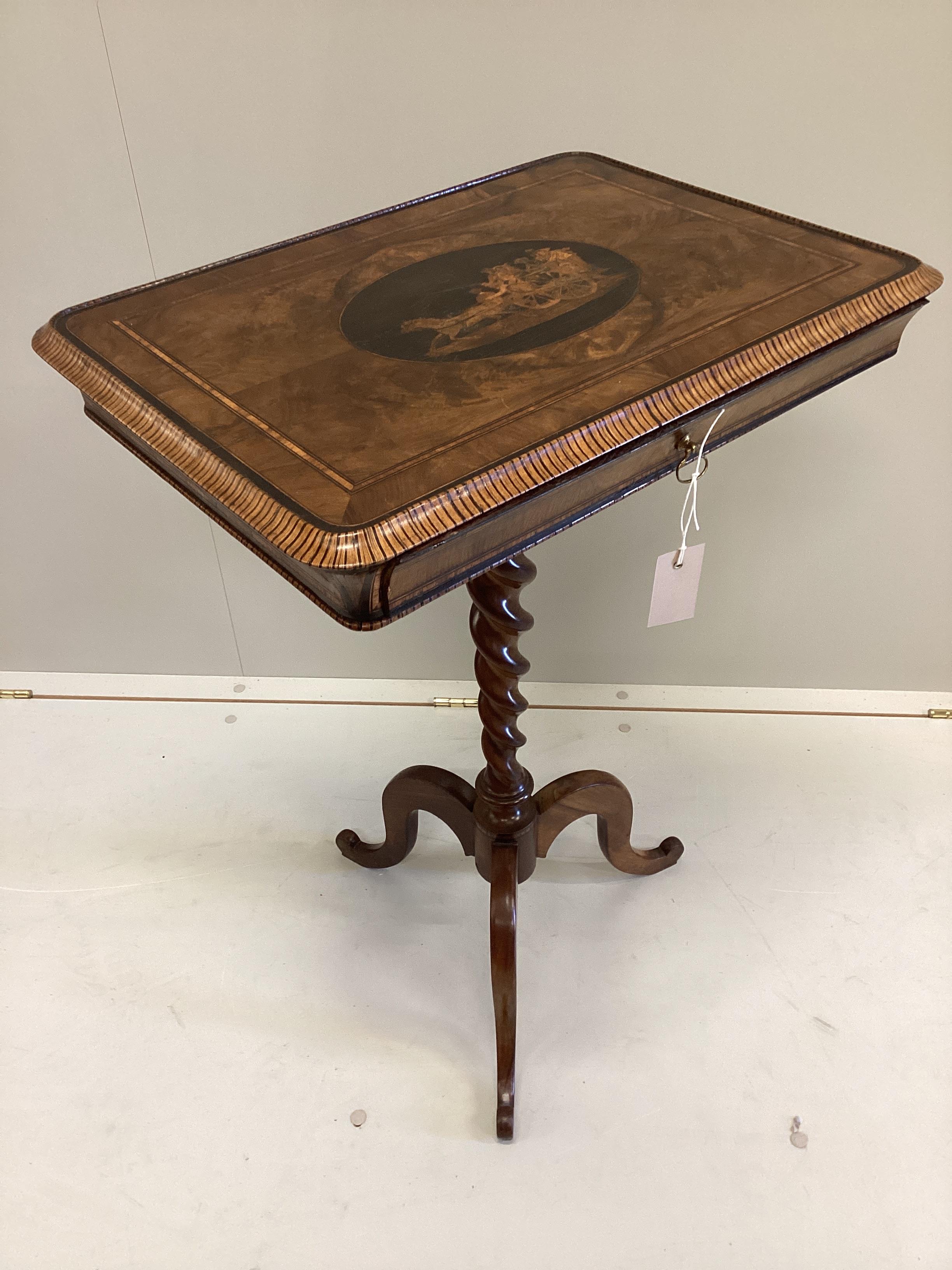 An Italian style inlaid walnut side table on barley twist tripod base, width 54cm, depth 40cm, height 79cm                                                                                                                  