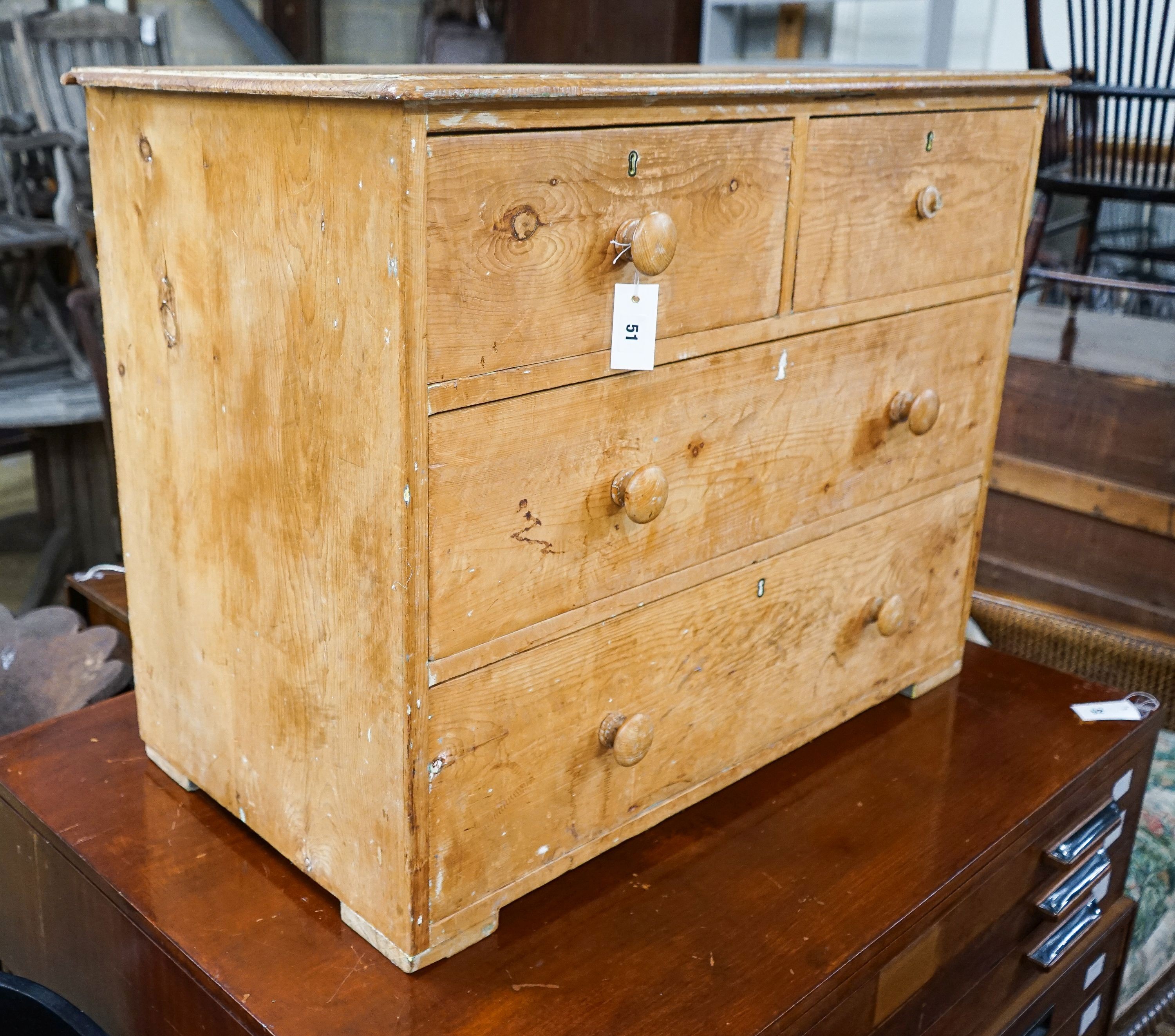 A Victorian stripped pine chest of drawers (lacking feet), width 95cm, depth 53cm, height 74cm                                                                                                                              
