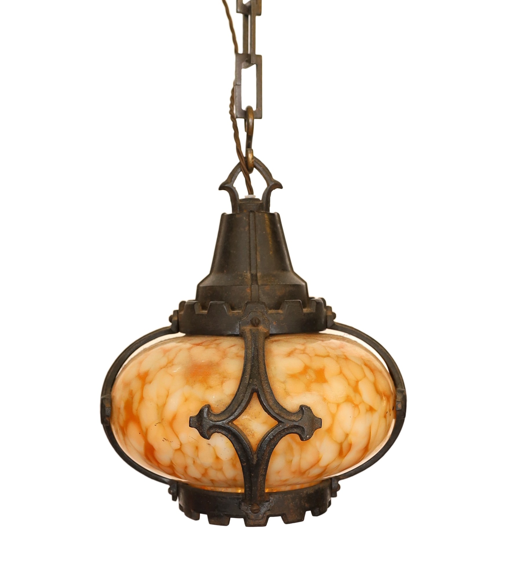 A pair of early 20th century Continental cast iron and marbled glass ceiling lights, height 28cm                                                                                                                            