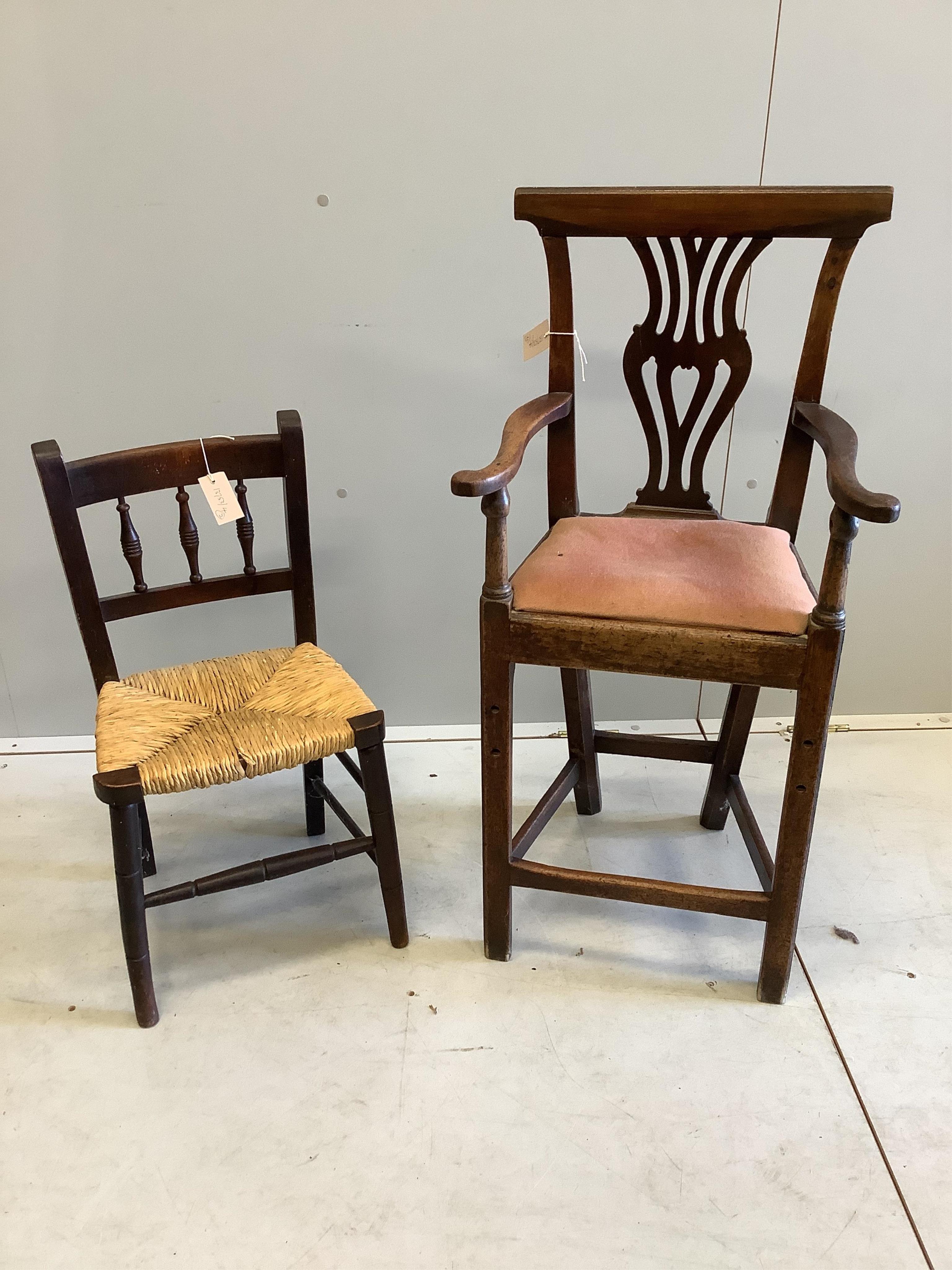 A late 18th / early 19th century child's mahogany correction / high chair, having scrolled arms, drop-in seat and vase splat, height 94cm together with a 19th century beech rush seated child's chair                      