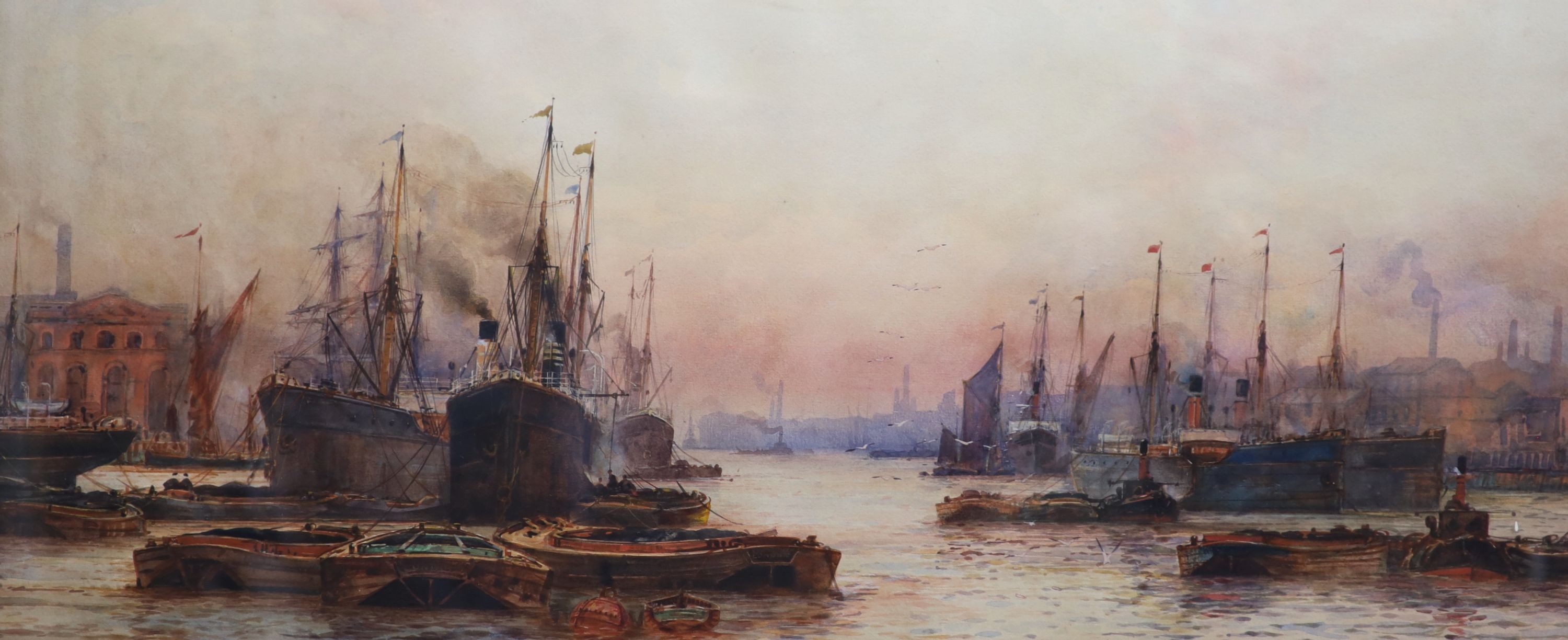 Frederick William Scarborough (1860-1939), ‘Sunset, Wapping Reach, London’, watercolour, 33 x 74cm.                                                                                                                         