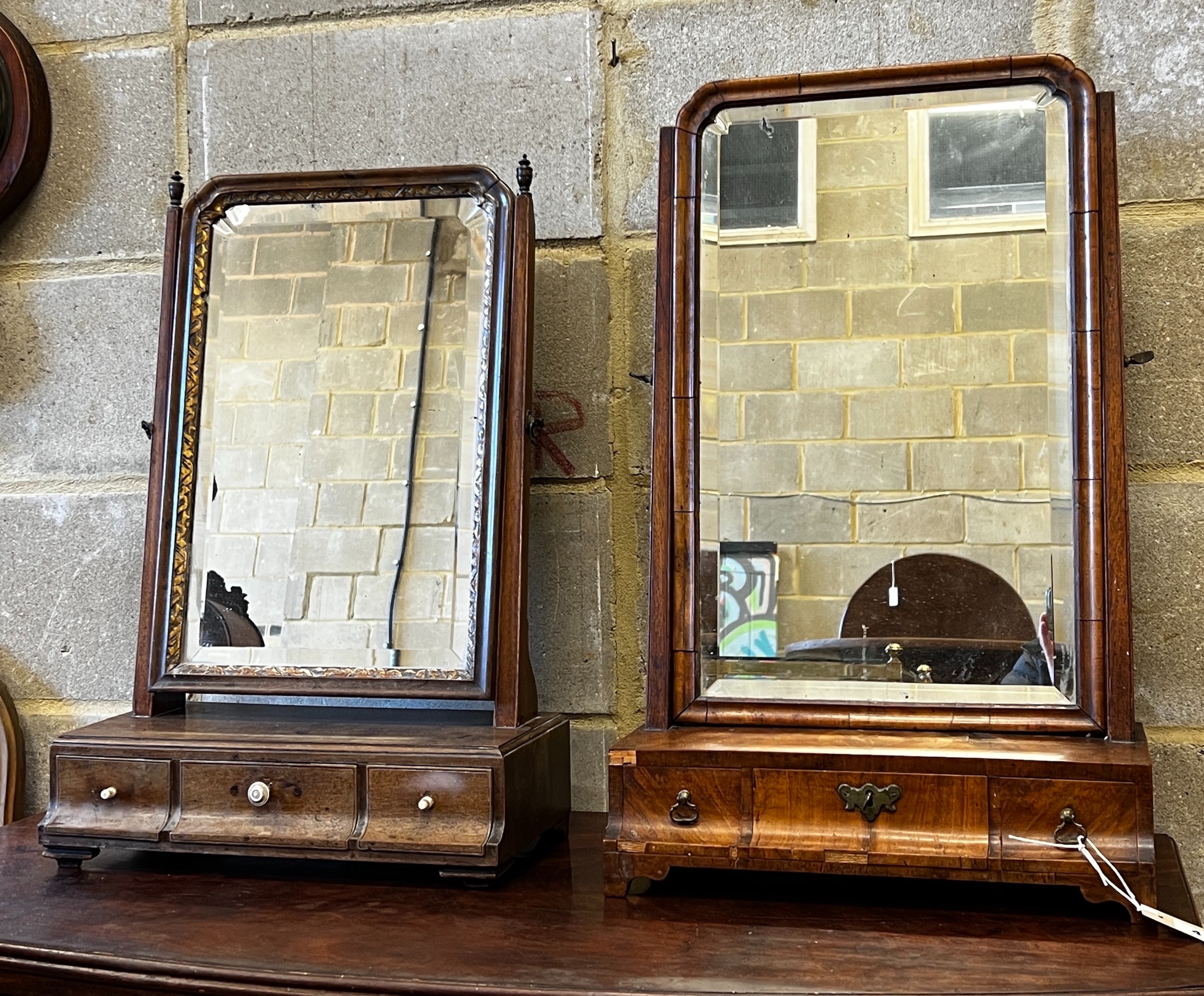 Two 18th century mahogany and walnut toilet mirrors, larger height 67cm                                                                                                                                                     