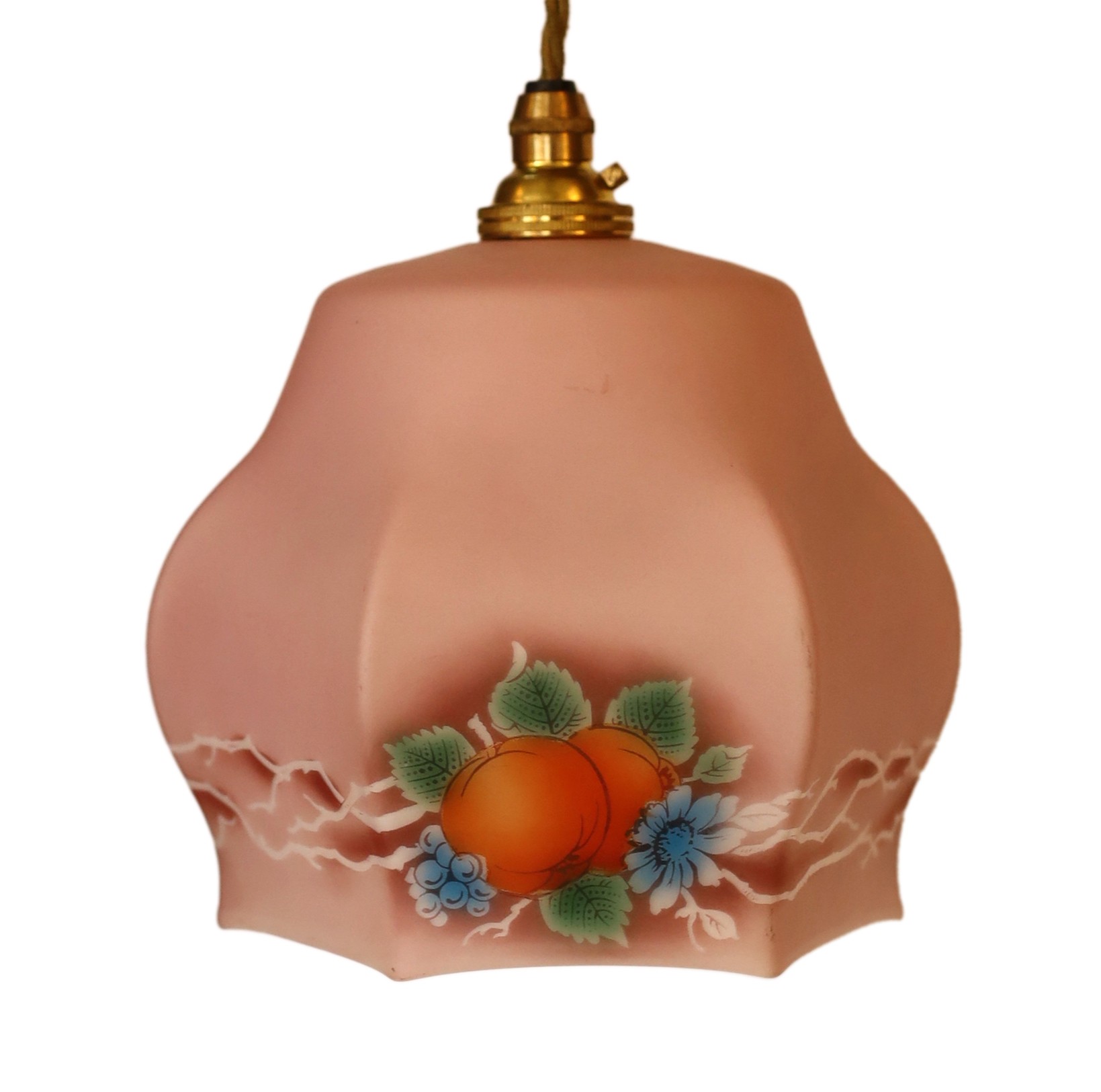 A 1930s frosted pink glass hexagonal lampshade with pendant fitting, height 18cm. width 14cm                                                                                                                                