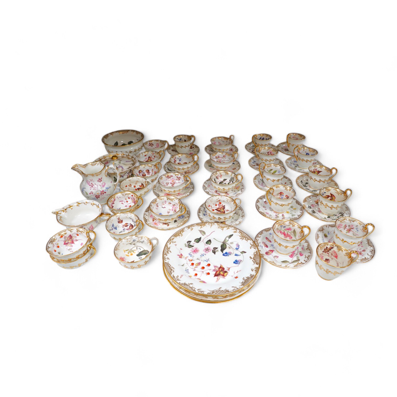 A floral part tea and coffee set, probably Swansea, c.1815-20, largest 23.5cm diameter. Condition - mostly fair                                                                                                             