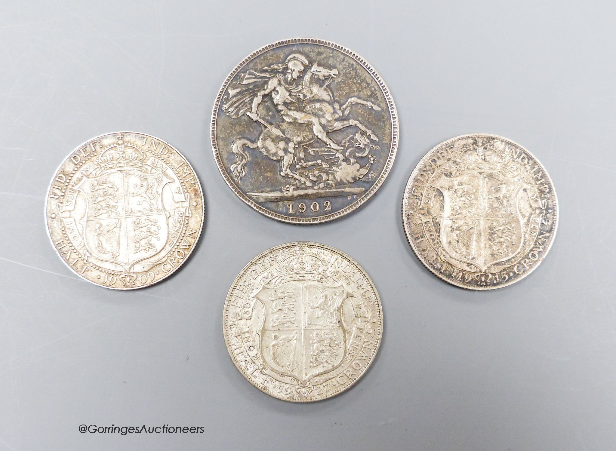 Edward VII and George V silver coins - crown 1902, F, three florins 1909 good VF, 1915 and 1927 both good VF                                                                                                                