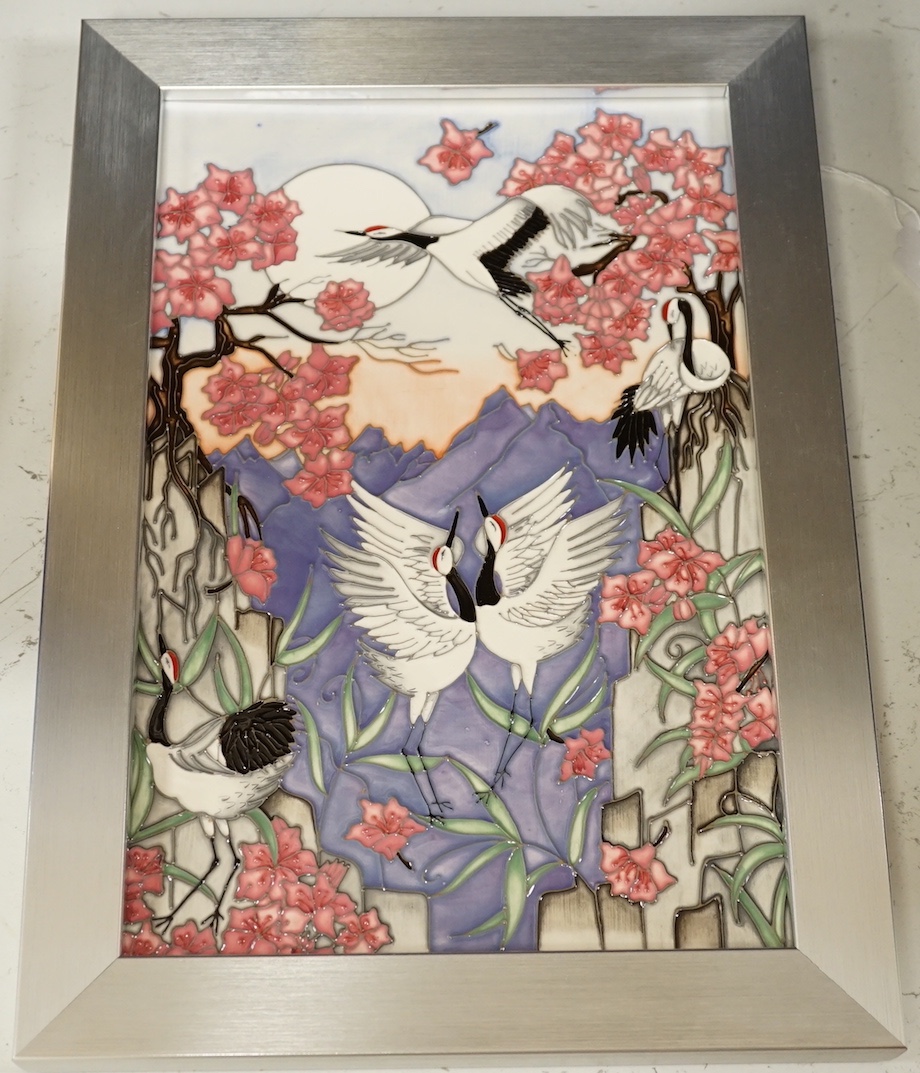 A Moorcroft panel, 'Courtship Dance', by Helen Dale, 2016 limited trial piece, 8/50, boxed, 20cms wide x 31cms high.                                                                                                        