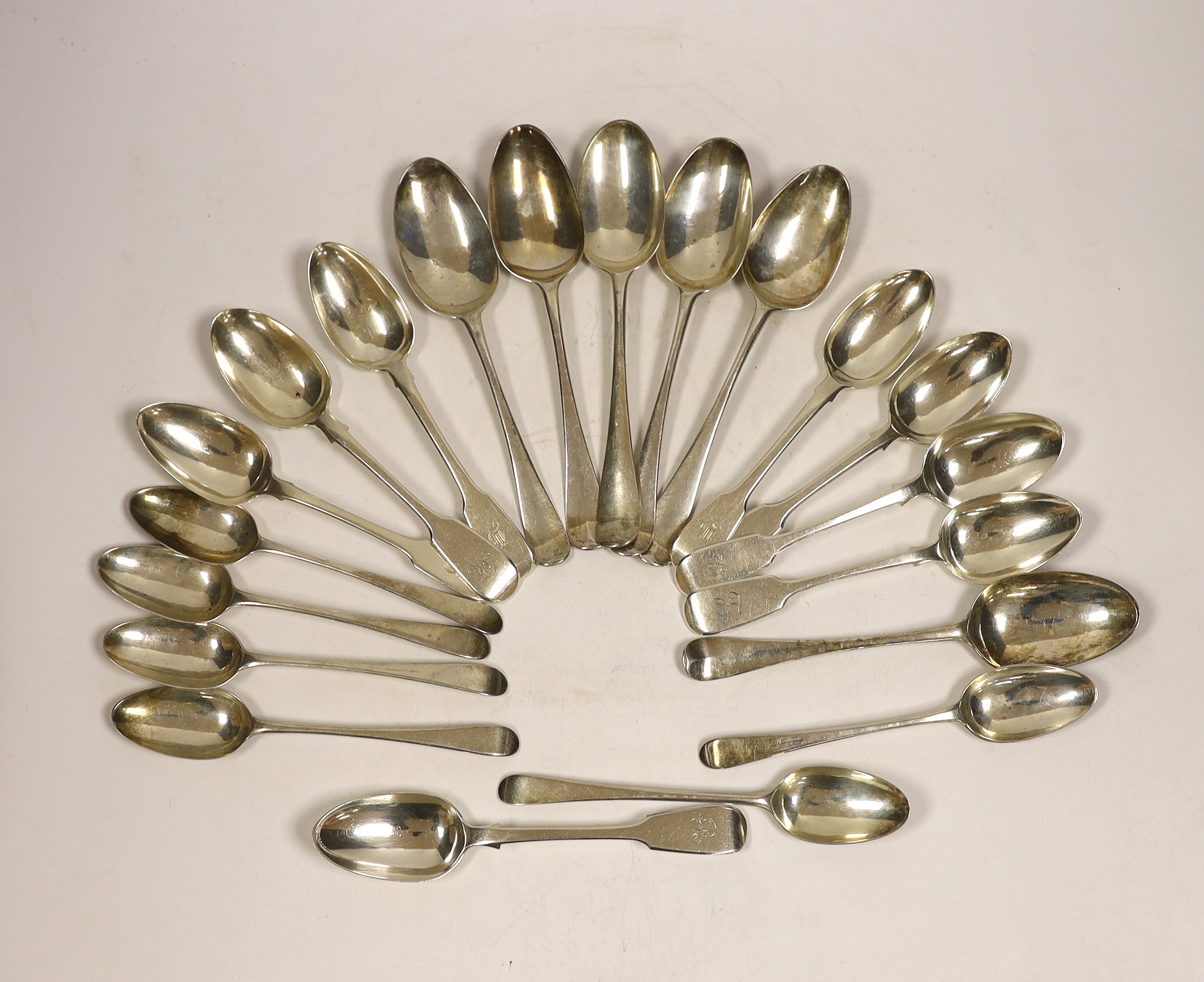 A set of five George III silver Old English pattern dessert spoons, George Smith III, London, 1776 and one other similar spoon, a matched et of six 18th century silver Hanovarian pattern dessert spoons and eight 19th cen